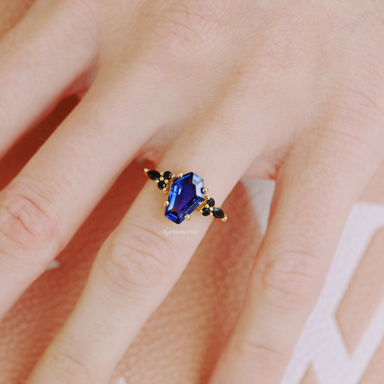 Exquisite 14K Yellow Gold Vermeil Coffin Cut Blue Sapphire & Black Onyx Ring for Women | Elegant Gothic Jewelry for Weddings, Parties & Special Occasions