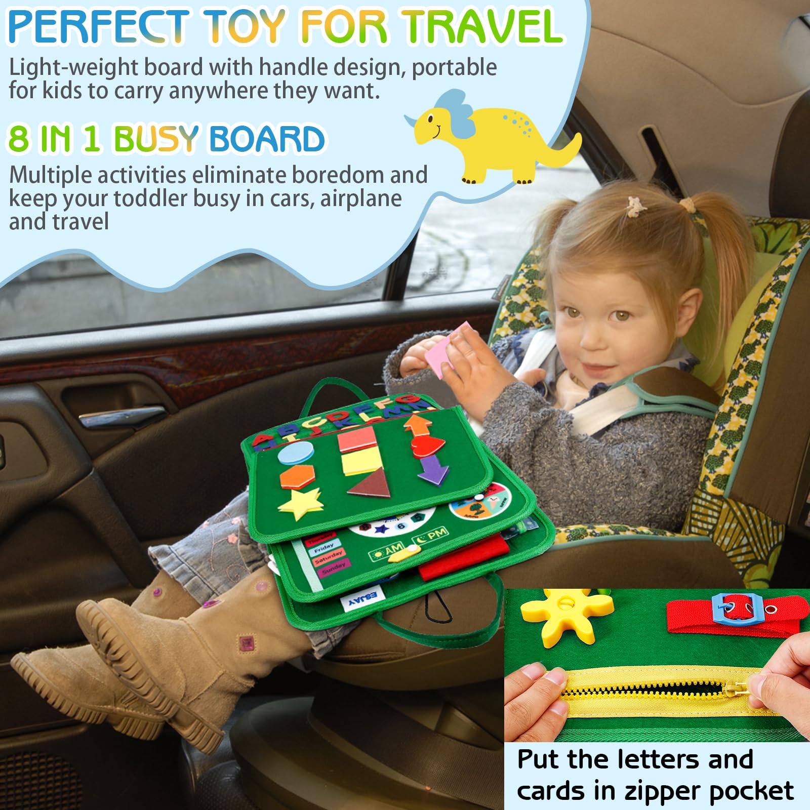 Esjay Montessori Busy Board for Toddlers - Sensory Learning Toys for Fine Motor Skills Development - Educational Travel Toys for Airplane & Car - Perfect Gift for Boys & Girls (Green Dinosaur) - Ideal for Preschool Learning, Quiet Play & Long Trips