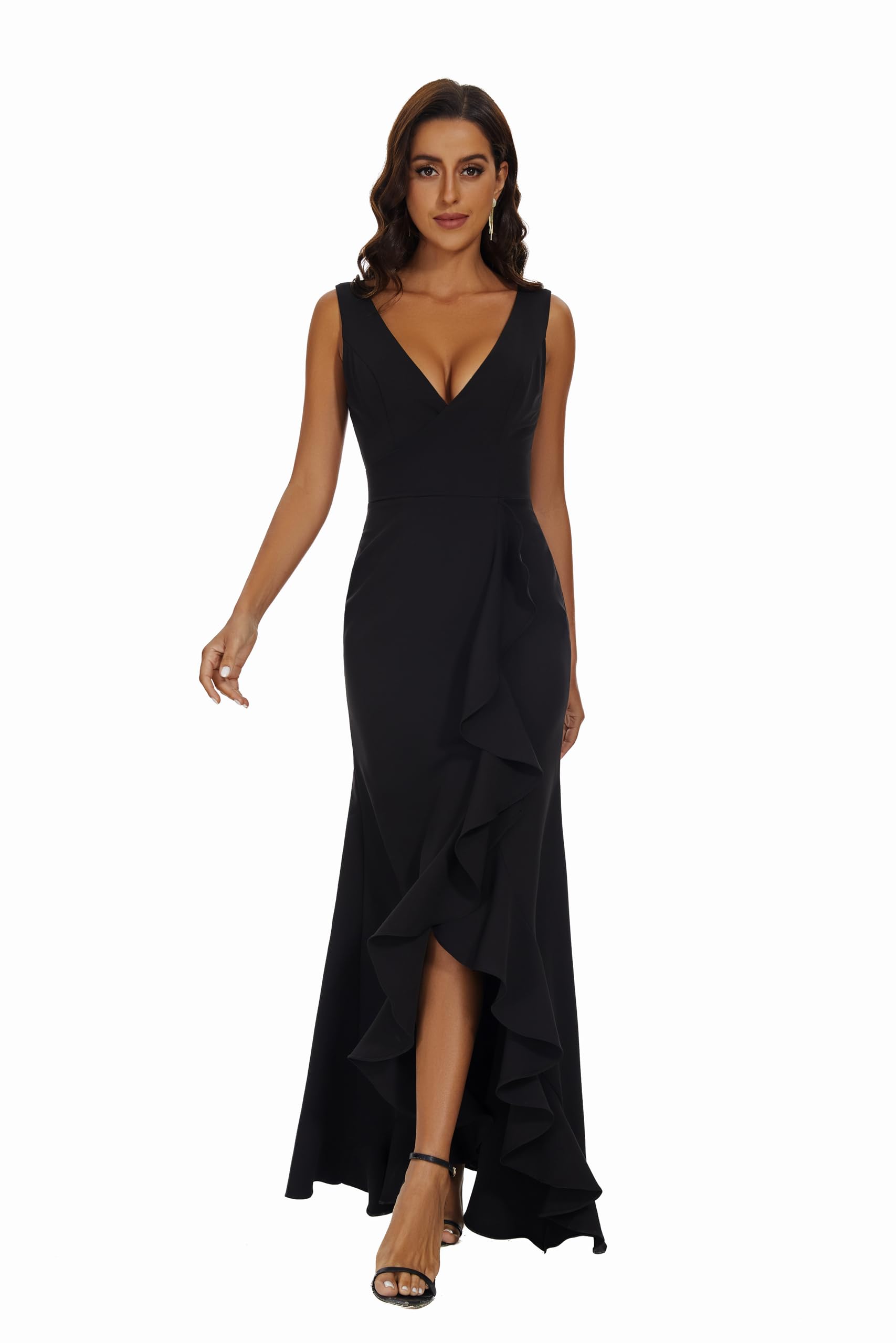 Elegant Black Long Sleeveless V-Neck Ruffle Maxi Dress for Women - Perfect for Weddings, Bridesmaids & Cocktail Parties | Formal Evening Gown for Special Occasions
