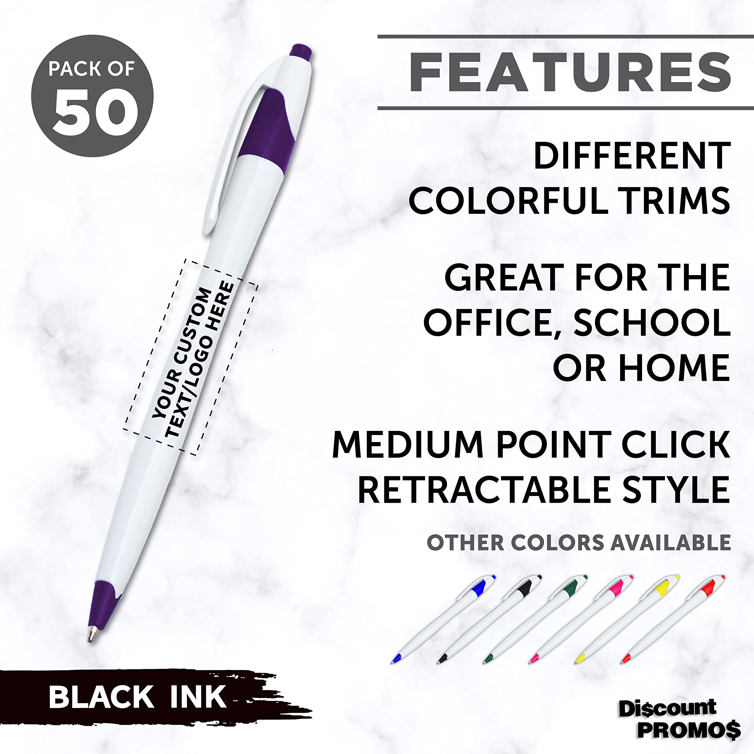 Custom Slim Curvy Ballpoint Pens - 50 Pack Bulk Personalized Promotional Pens with Black Ink | Retractable Office & School Supplies | Perfect for Business Gifts, Tradeshows, Branding Events (Purple)