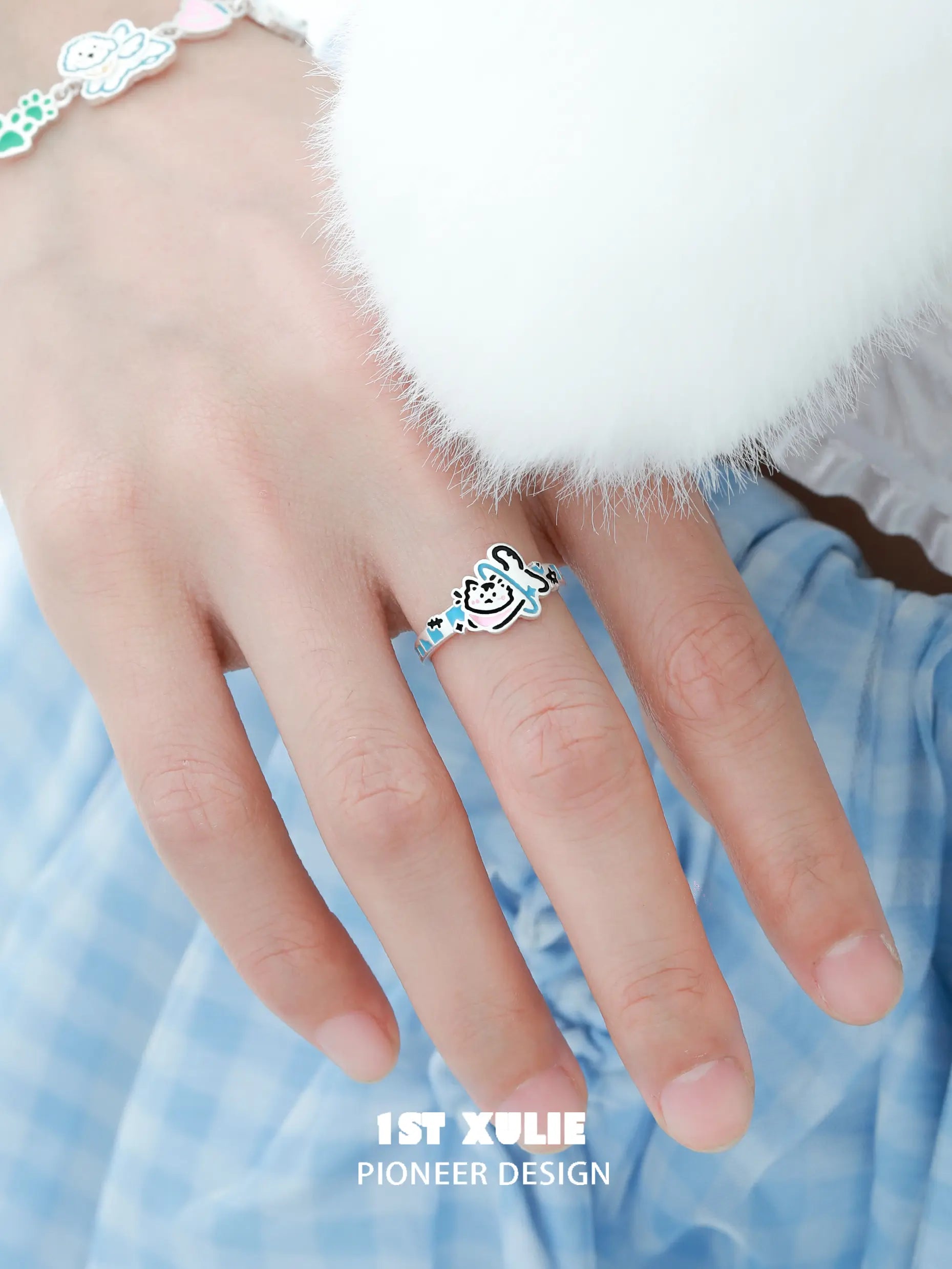 Angel Cuties 925 Sterling Silver Hand-Painted Colorful Resin Kitten & Puppy Ring - Cute Animal Jewelry for Women, Perfect Gift for Cat & Dog Lovers (Birthday, Valentine's Day, Anniversary)
