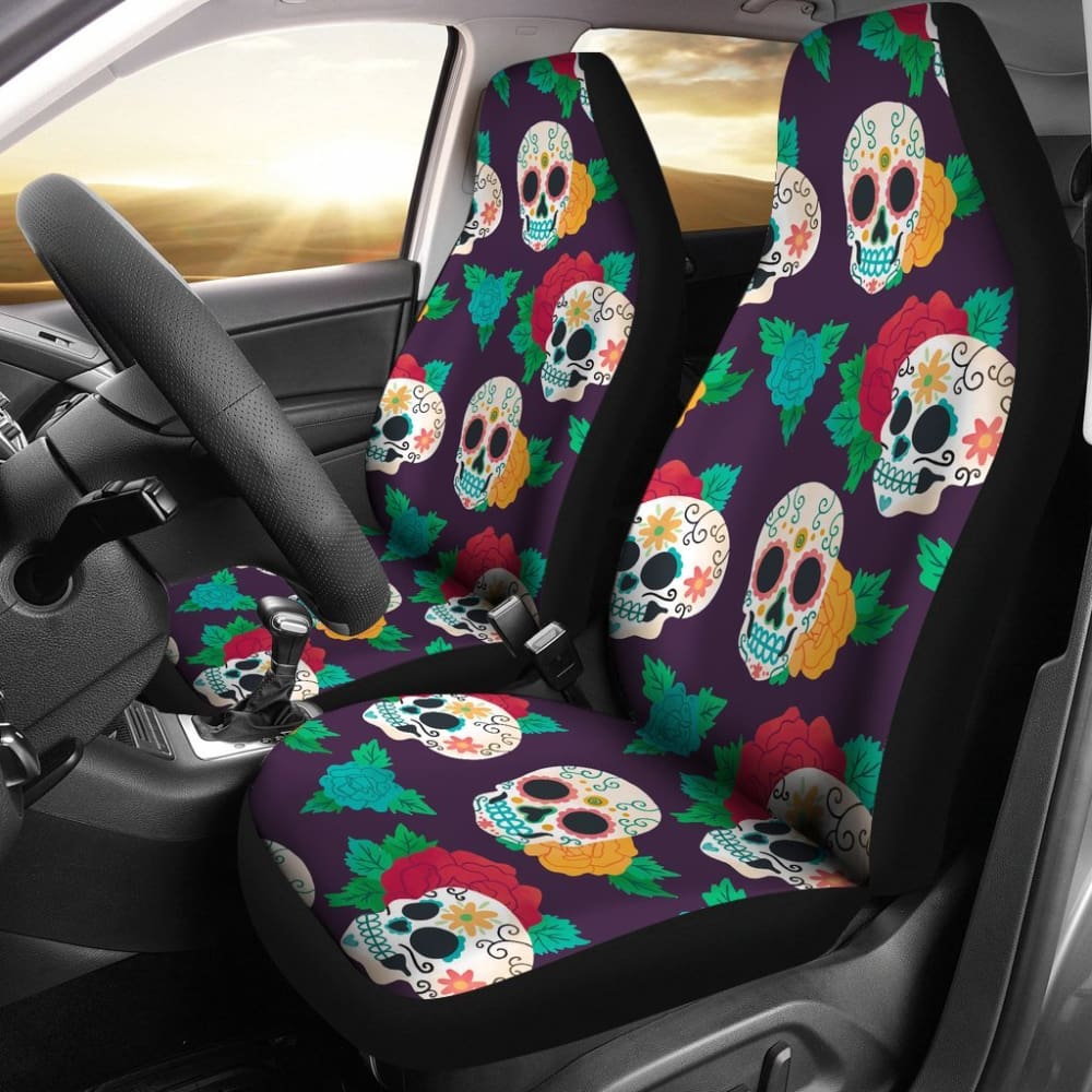 2 Pcs Floral Sugar Skull Day of The Dead Car Seat Covers - Colorful Mexican Style Cushion Protectors for Cars, Trucks & SUVs - Perfect for Dia de Los Muertos Celebrations, Halloween Decor & Unique Gift Ideas