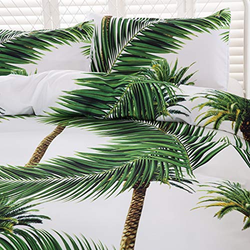 Exotic Tropical Rainforest Green Botanical Duvet Cover Set with Palm Tree Leaves Design - Twin Size White Bedding Quilt & Pillowcases for Jungle-Themed Bedroom Decor | Perfect for Nature Lovers, Boho Chic & Tropical Home Styling