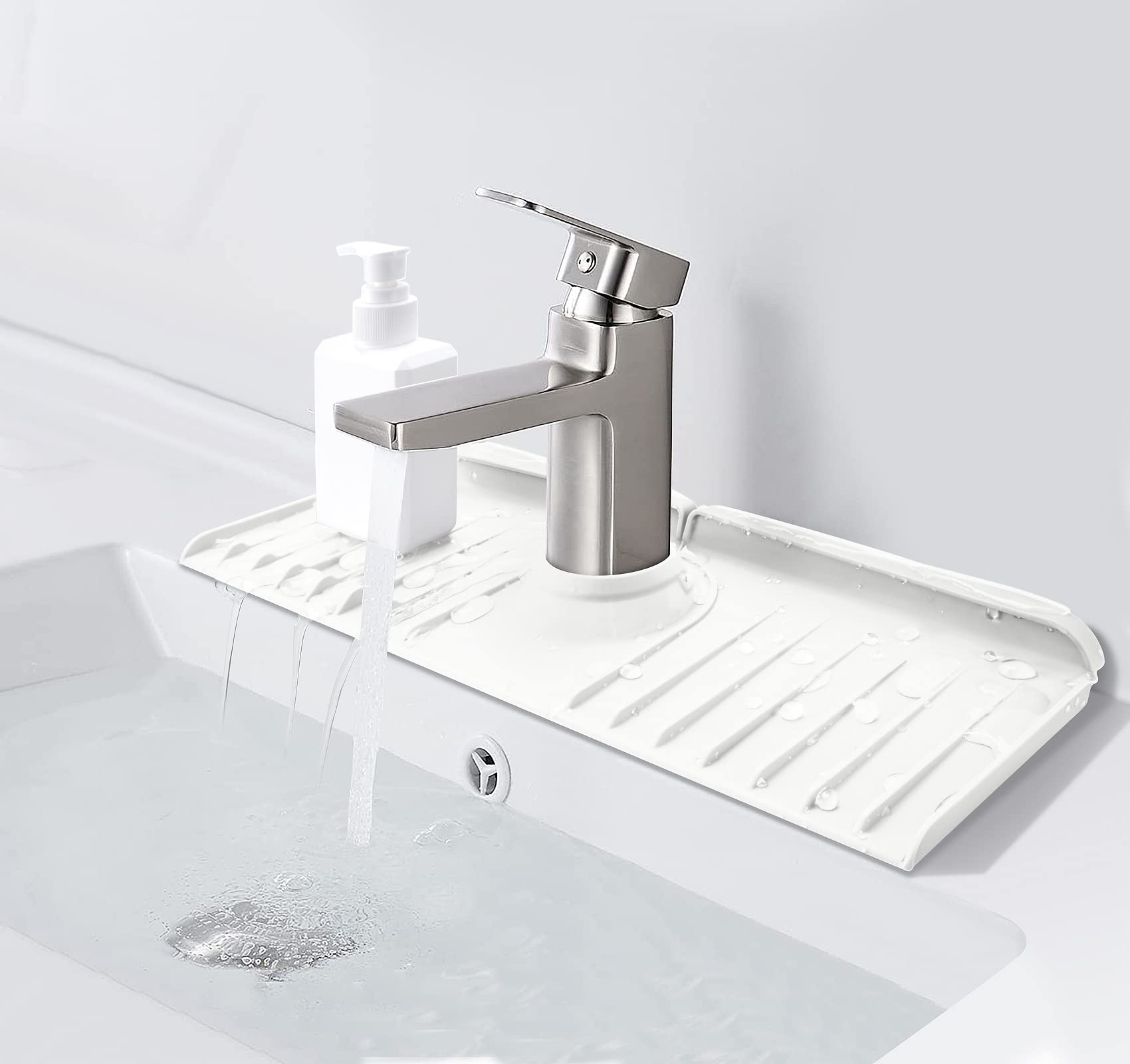 14.5” x 5.4” Silicone Faucet Splash Guard - 3-in-1 Sink Protector Mat with Soap Dish & Sponge Holder - Water Catcher for Kitchen, Farmhouse, Bar & RV Sinks (White) | Prevent Water Splashes & Organize Countertop