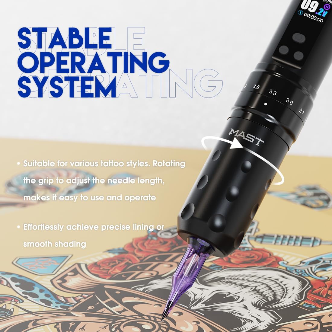 MCORE Mast Tattoo Fold2 Pro Wireless Tattoo Pen Machine - Professional Rotary Tattoo Gun with Smart LCD Display, 7 Adjustable Stroke Lengths & Powerful Motor for Tattoo Artists (Black) - Perfect for Studio Work, Home Tattooing & Professional Body Art Sessions