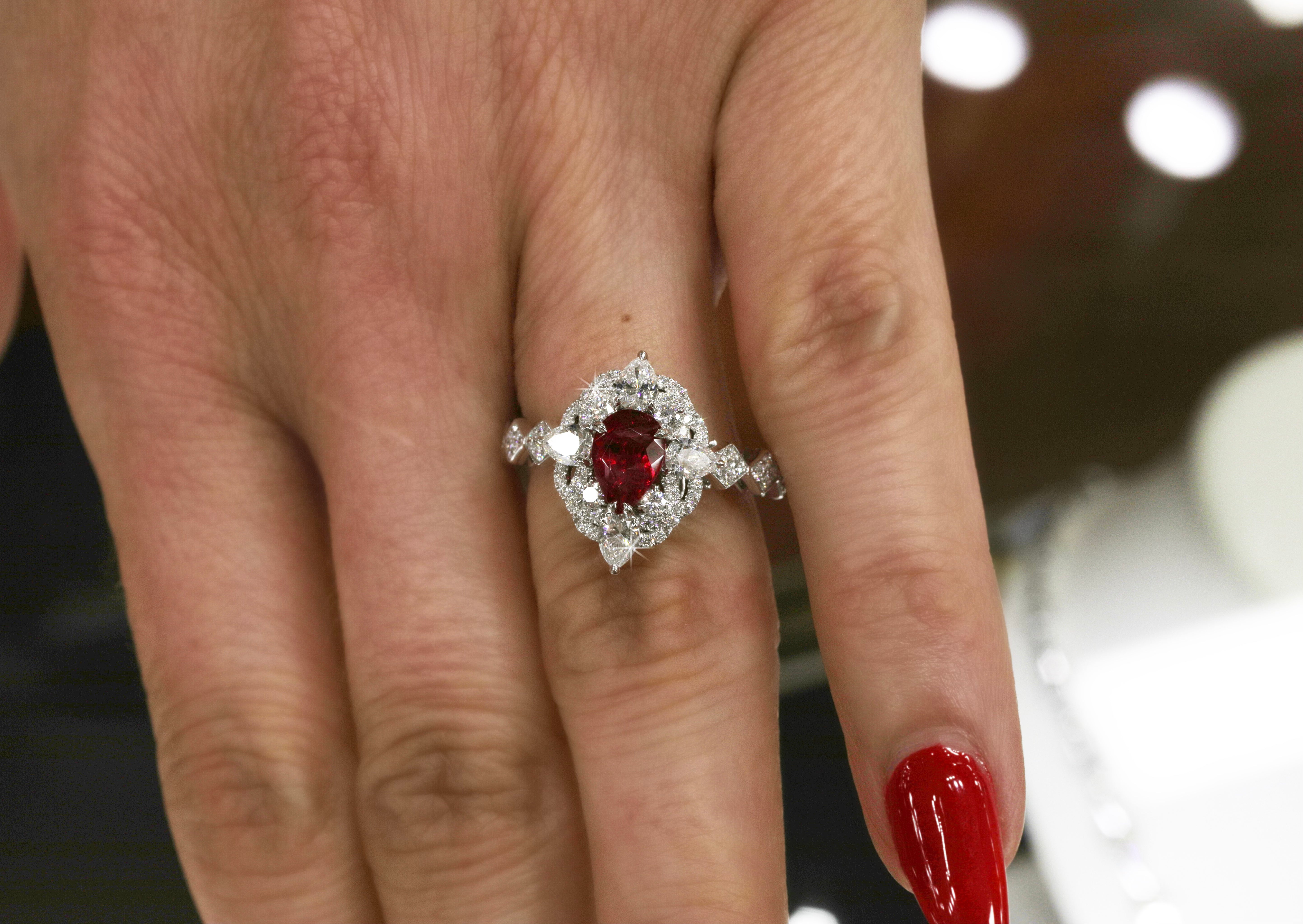 14K White Gold 0.92CTW Red Emerald & 0.94CTW Diamond Halo Cluster Ring for Women - Elegant Engagement, Anniversary or Valentine's Day Gift