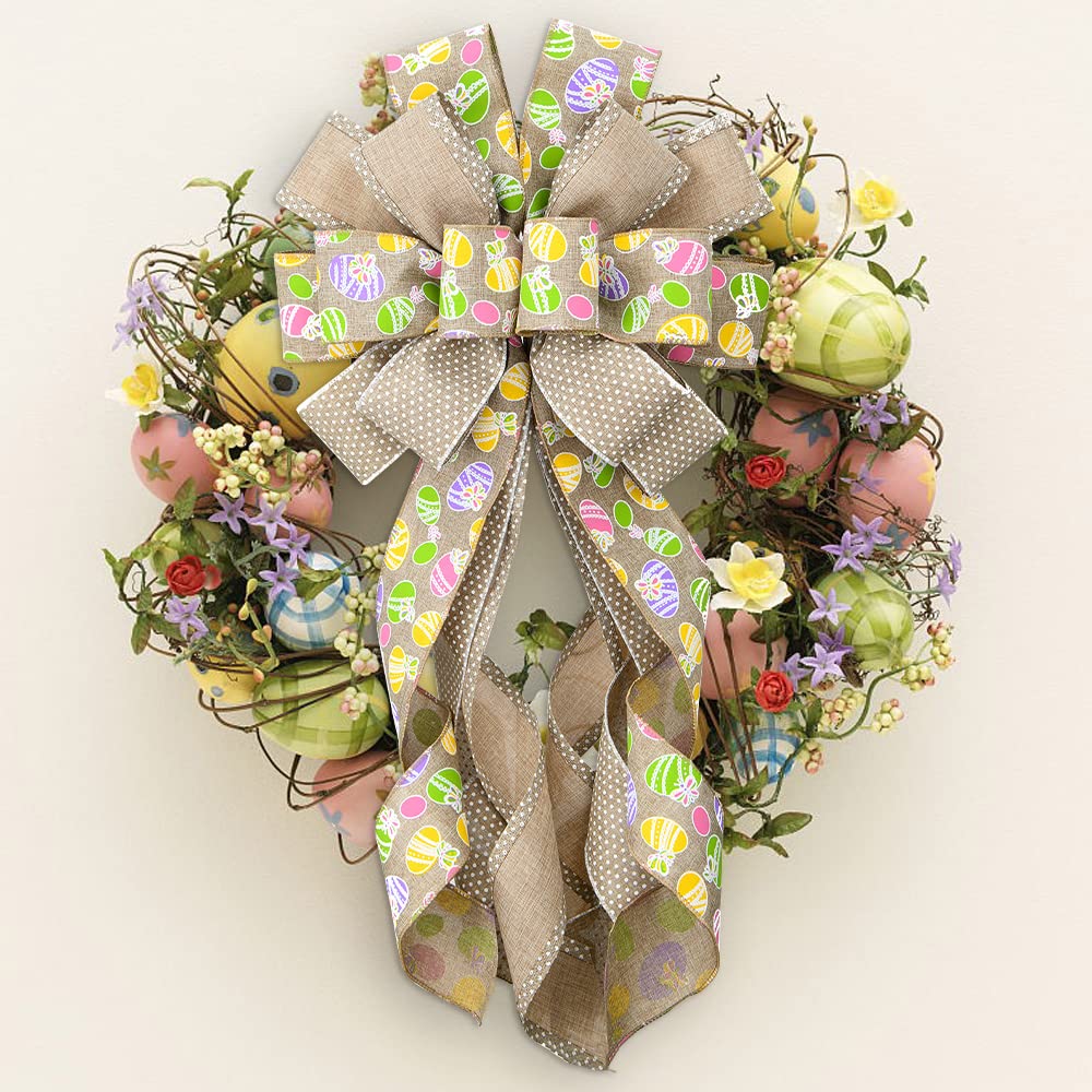 Easter Wreath Bows for Front Door - Large Flaxen Burlap Bows with Easter Eggs for Spring Holiday Decor - Perfect for Wreaths, Walls, Windows, and Tree Toppers - Home & Easter Party Decorations