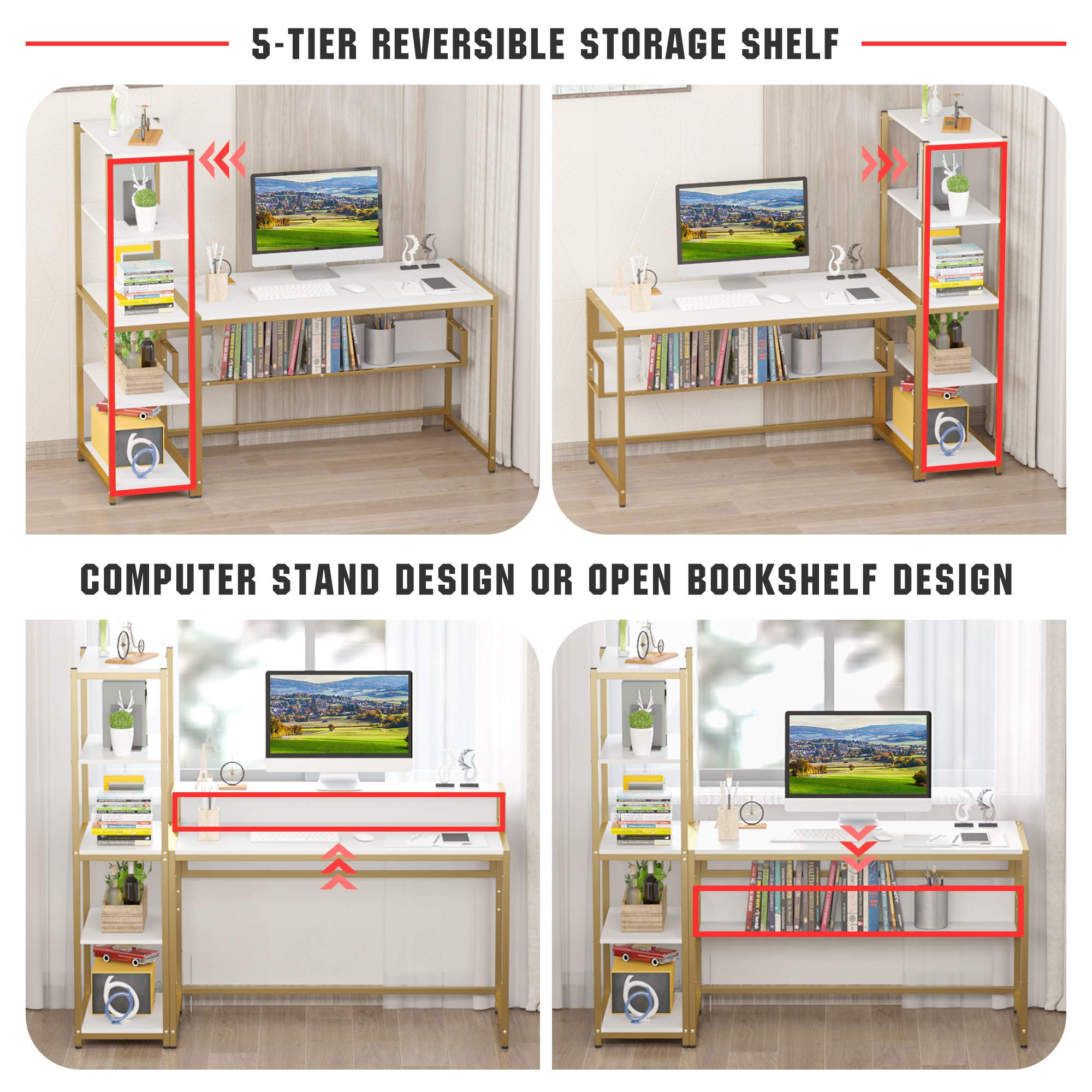 Teraves 33 Inch Computer Desk with 5 Tier Shelves - Reversible Writing Desk with Storage for Home Office, Study Table & Bookcase - Perfect for Small Spaces, Gaming Setup, and Remote Work