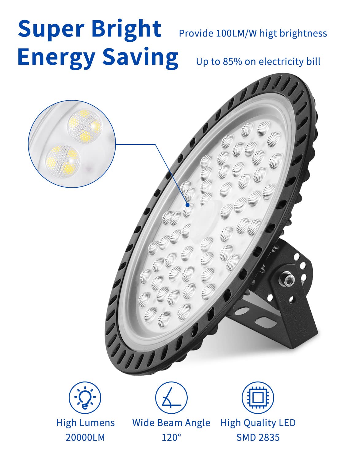 200W 20000LM UFO LED High Bay Light - 6500K Daylight, IP65 Waterproof Commercial Lighting for Warehouse, Gym, Factory & Garage - Energy Efficient LED Shop Light for Indoor/Outdoor Industrial Spaces