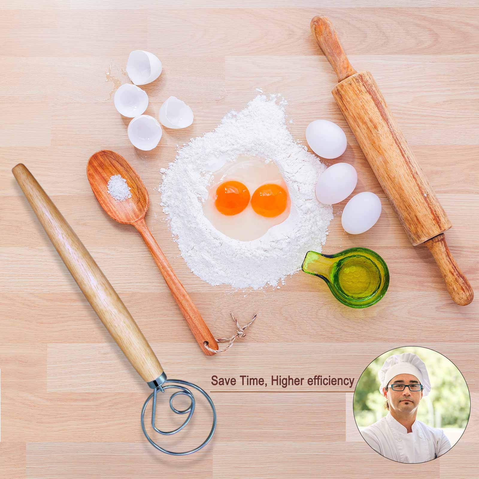 Premium Danish Dough Whisk - 13 Inch Stainless Steel Baking Tool with Wooden Handle for Cake, Pastry & Pizza Dough - Perfect for Home Bakers & Professional Kitchens