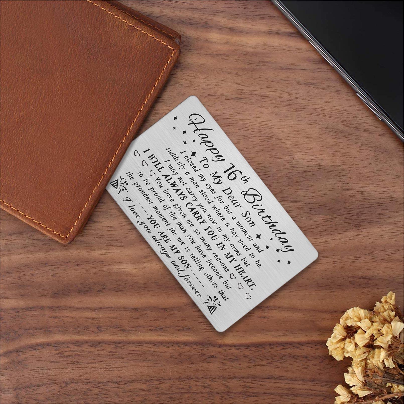 Personalized Steel Engraved 16th Birthday Card for Son - Unique Happy Birthday Gift for 16 Year Old Boy - Custom Wallet Card with Name - Perfect for Birthday Party Decorations & Teen Keepsake