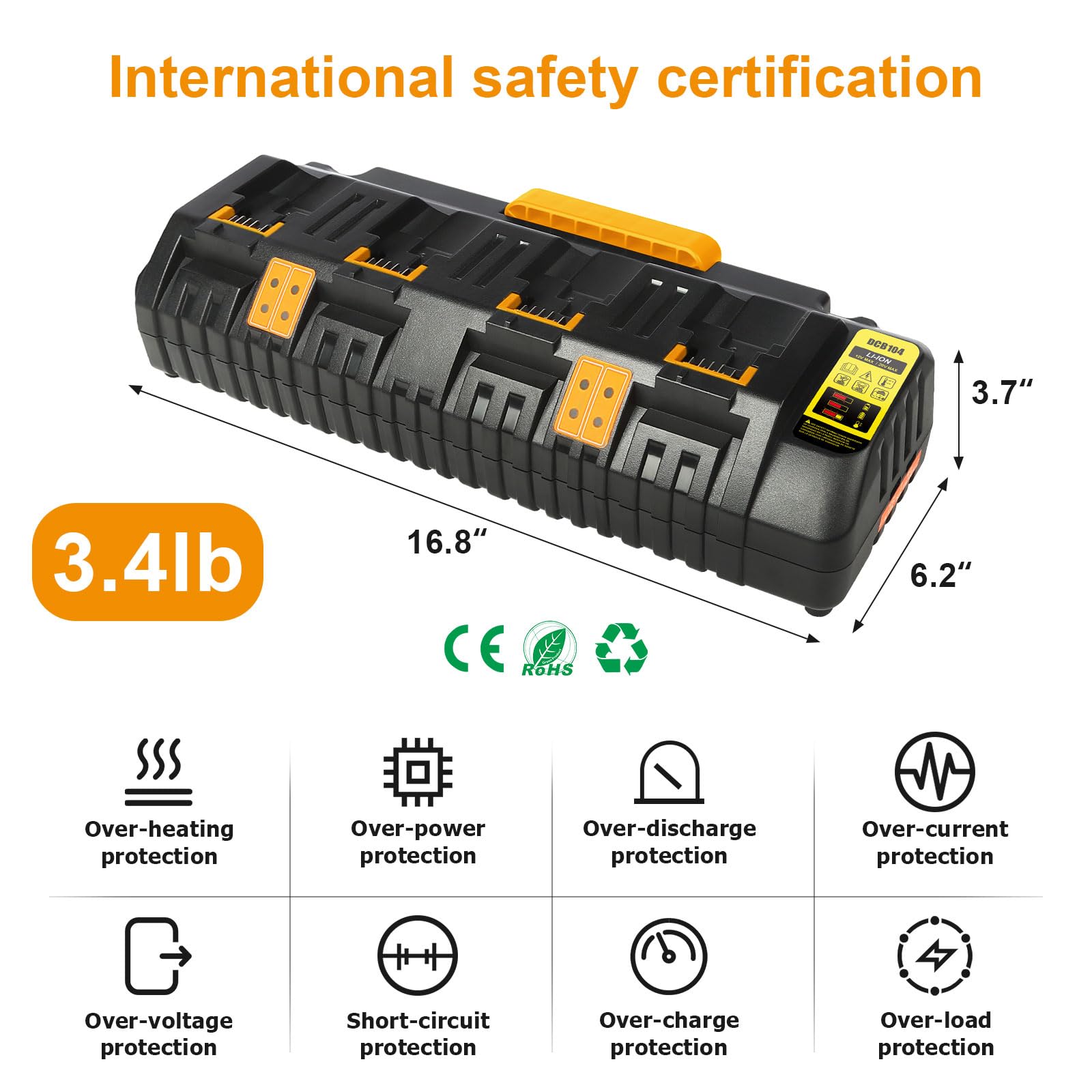 4-Port 12V/20V Fast Battery Charger Station for Dewalt DCB104 - Compatible with Dewalt 12V & 20V Max Lithium Batteries - Simultaneous 4-Bay Charging - Black - Perfect for Workshops, Job Sites & Home DIY Projects