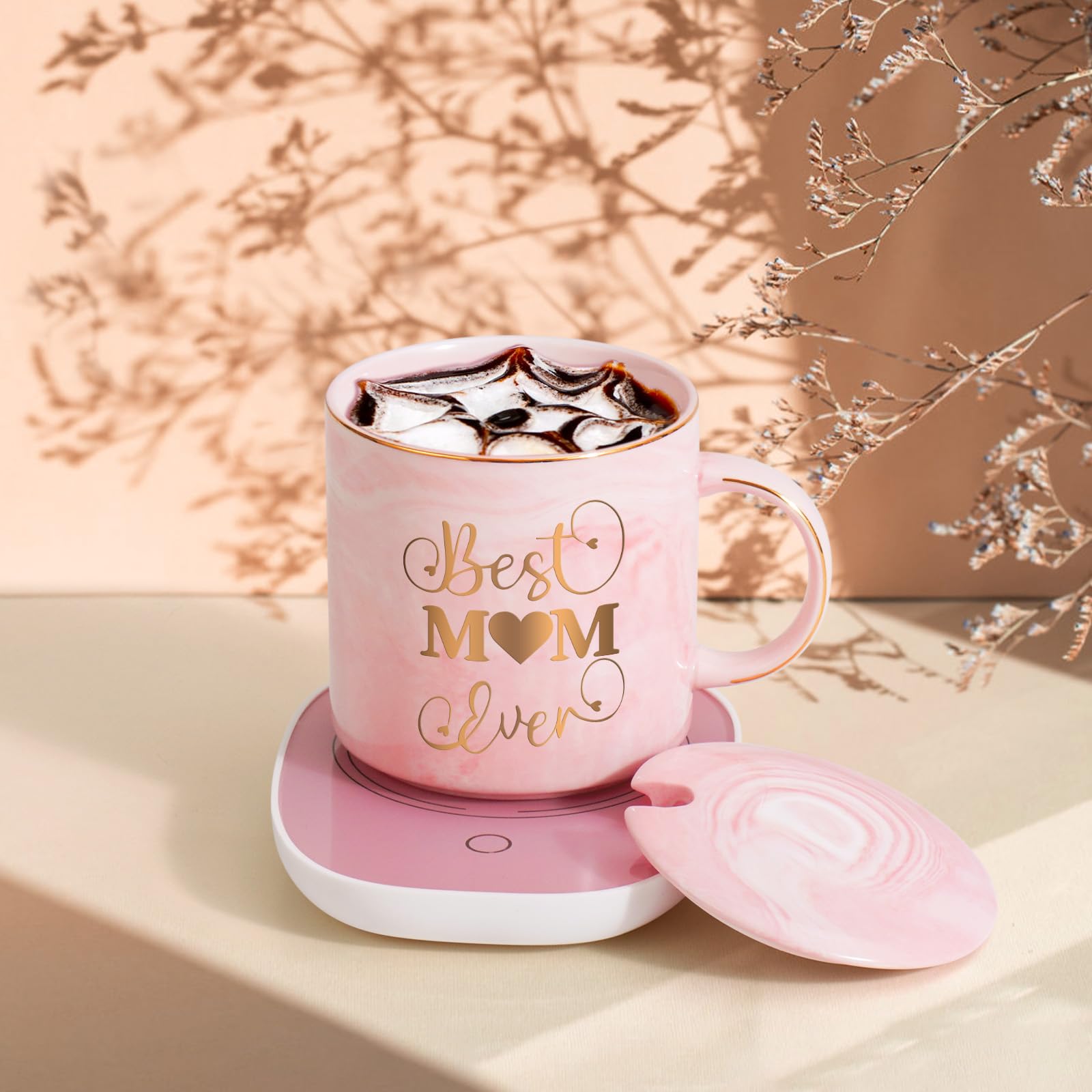 LiqCool Best Mom Ever Marbled Coffee Mug with Smart Warmer Coaster Set - 12 Oz, Gift Box, Spoon - Perfect for Birthday, Mother's Day, New Mom, Wife, Women - Ideal for Home, Office, or Relaxing Moments