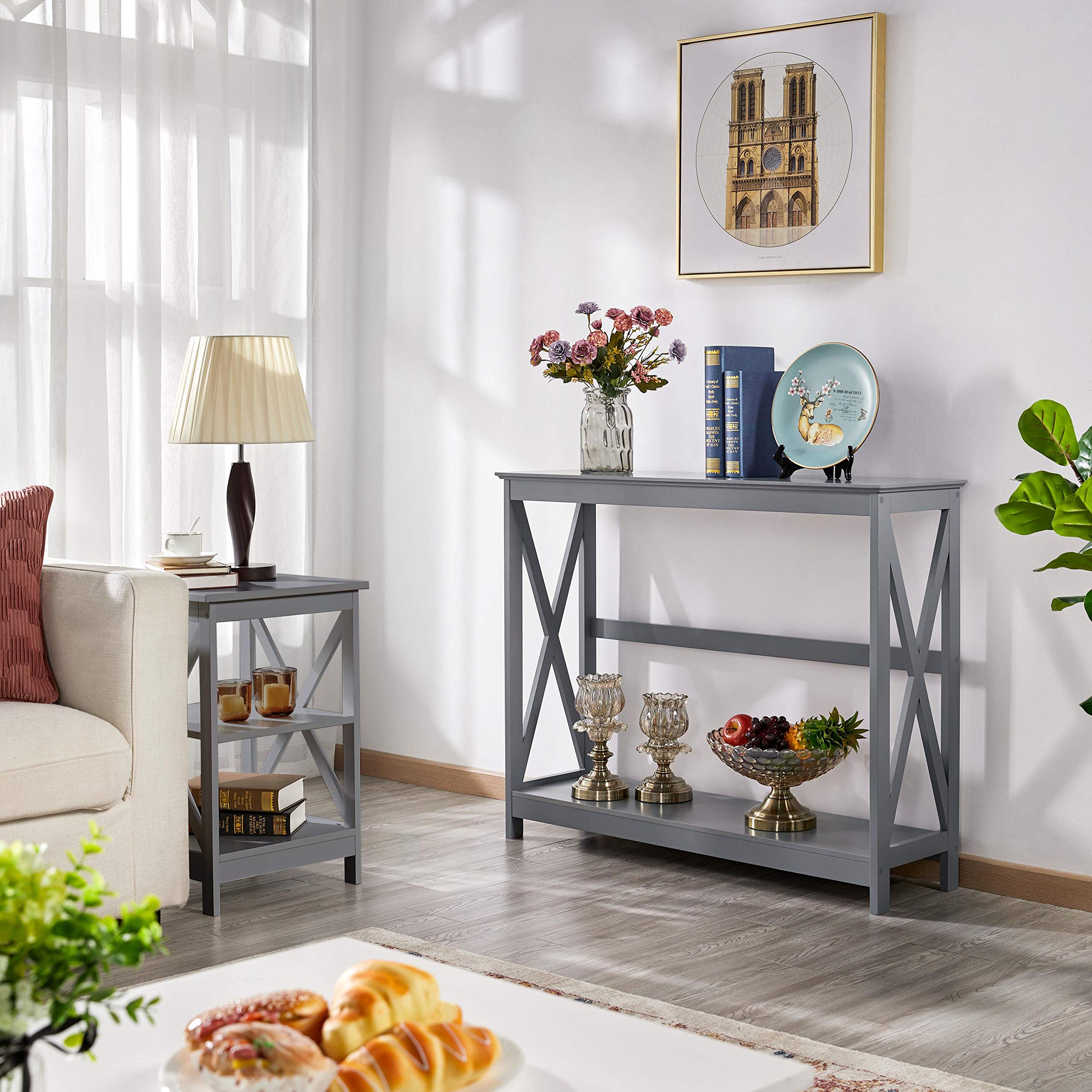 Yaheetech 2-Tier Narrow Console Table with Storage Shelf - Entryway Sofa Table, Bookshelf & Accent Table for Living Room, Hallway & Foyer - Space-Saving Grey Furniture for Small Apartments & Home Decor