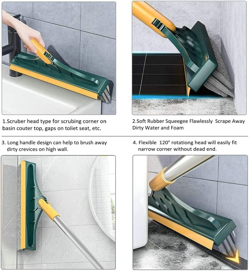 2-in-1 Bathroom Cleaning Brush with Wiper & Long Handle - 120° Rotating Tile & Floor Scrub Brush for Shower, Bathtub & Hard Surfaces - Home Cleaning Tool (Yellow & Silver) - Perfect for Deep Cleaning Grout, Corners & Hard-to-Reach Areas