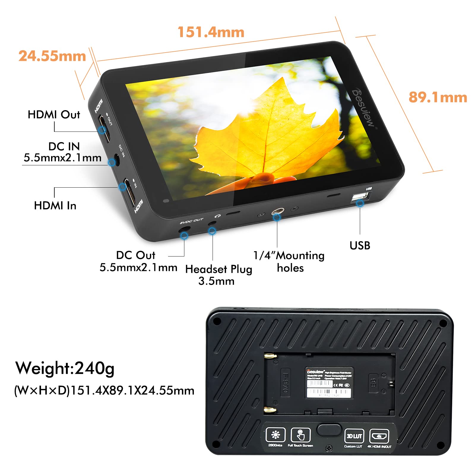 Desview R6 5.5 Inch 2800nits Full HD 1920x1080 IPS Touch Screen Camera Field Monitor with 4K HDMI, 3D LUT, Waveform & Focus Assist - Perfect for DSLR Filmmaking, Video Production & Outdoor Shooting