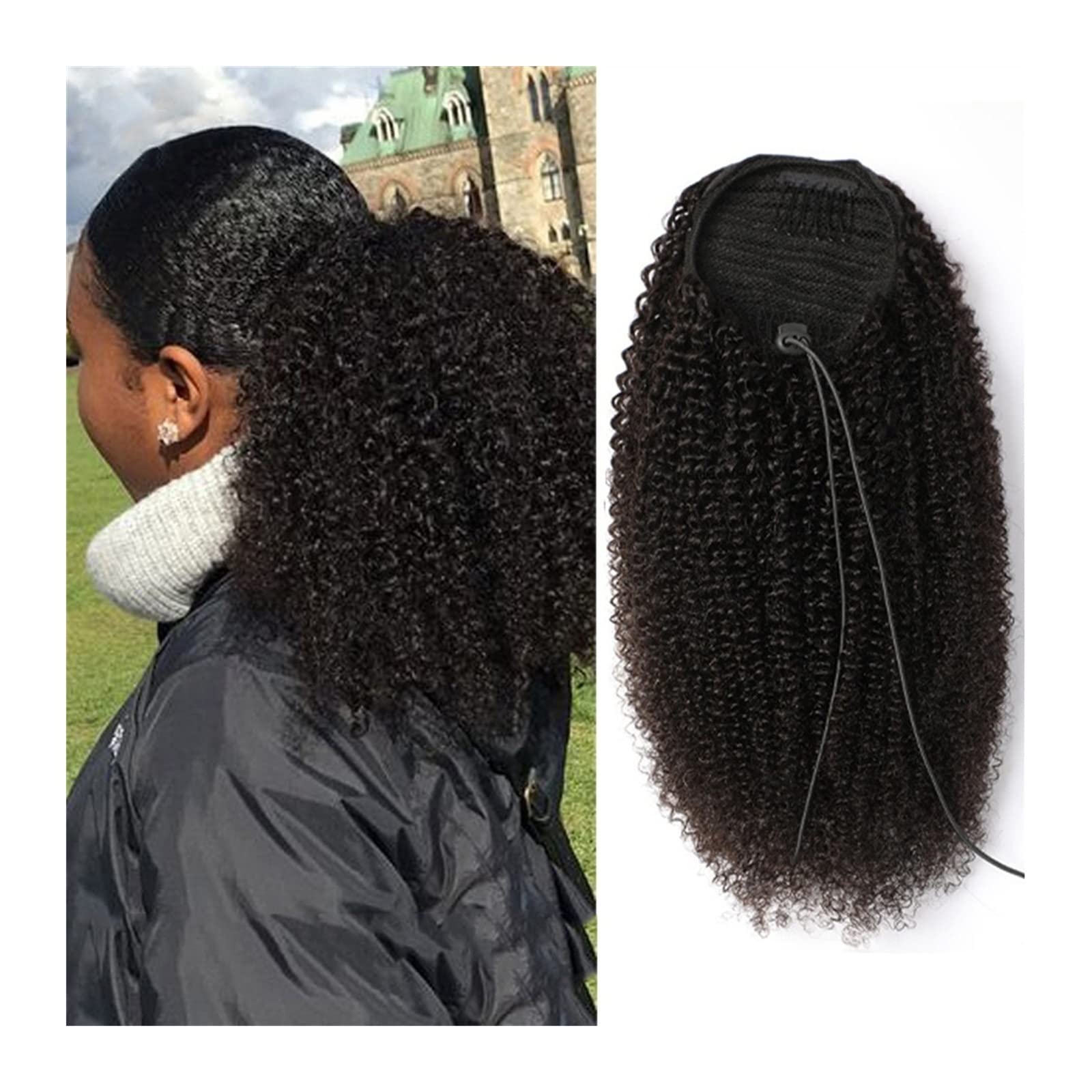 VIORED 10-28 Inch Mongolian Black Curly Ponytail Hair Extension - Real Human Hair Drawstring Ponytail Wig for Women | Perfect for Bun Hairstyles, Cosplay, and Daily Wear (Color: A, Size: 28 inch)