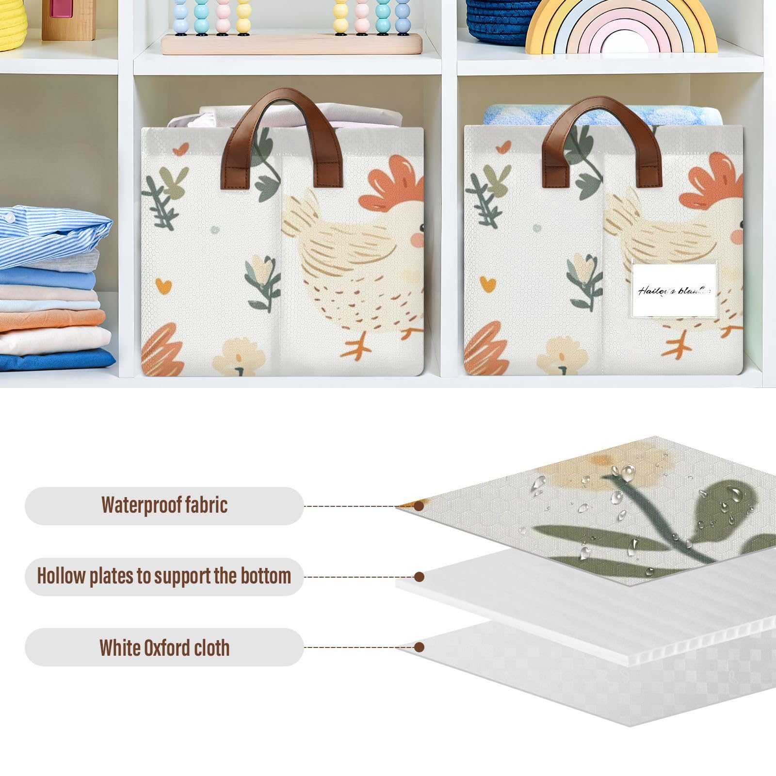 Cute Floral Chicken Cartoon Storage Bins with Handles - 2 Pack Decorative Organizer Baskets for Closet, Bedroom, Kids Room & Nursery Organization