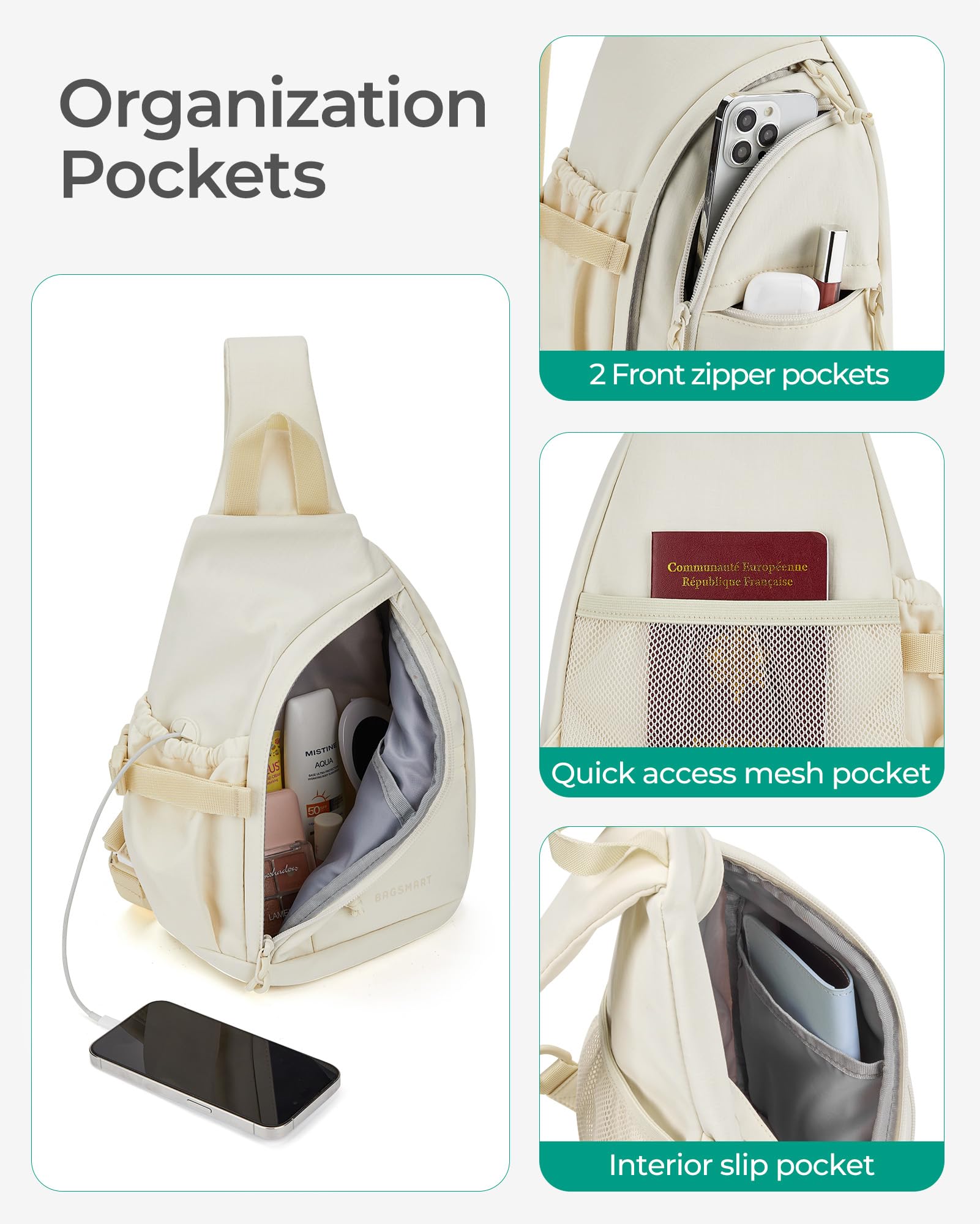 BAGSMART Small Crossbody Sling Backpack for Women & Men - Lightweight Travel Daypack, Casual Chest Bag with USB Charging Port - Perfect for Hiking, Commuting, and Daily Use
