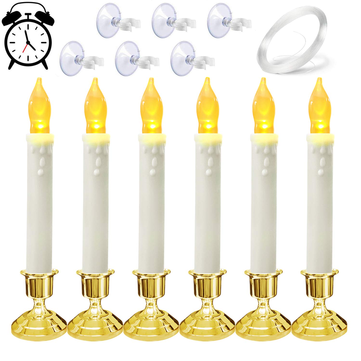 VVSISMUM Battery Operated Taper Candles - 6 Pack Flickering LED Flameless Floating Candles with Removable Gold Holders, Warm White Light for Church, Wedding, Party & Home Decor - Perfect for Windows, Tables, Centerpieces & Holiday Displays