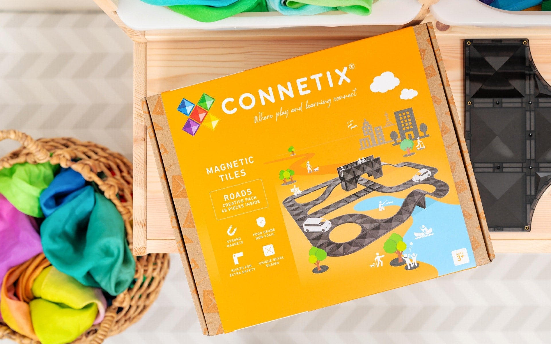 Connetix Magnetic Tiles 48-Piece Set - STEM Educational Building Blocks for Kids, Creative Roads Construction Toy for Preschool Learning & Indoor Play