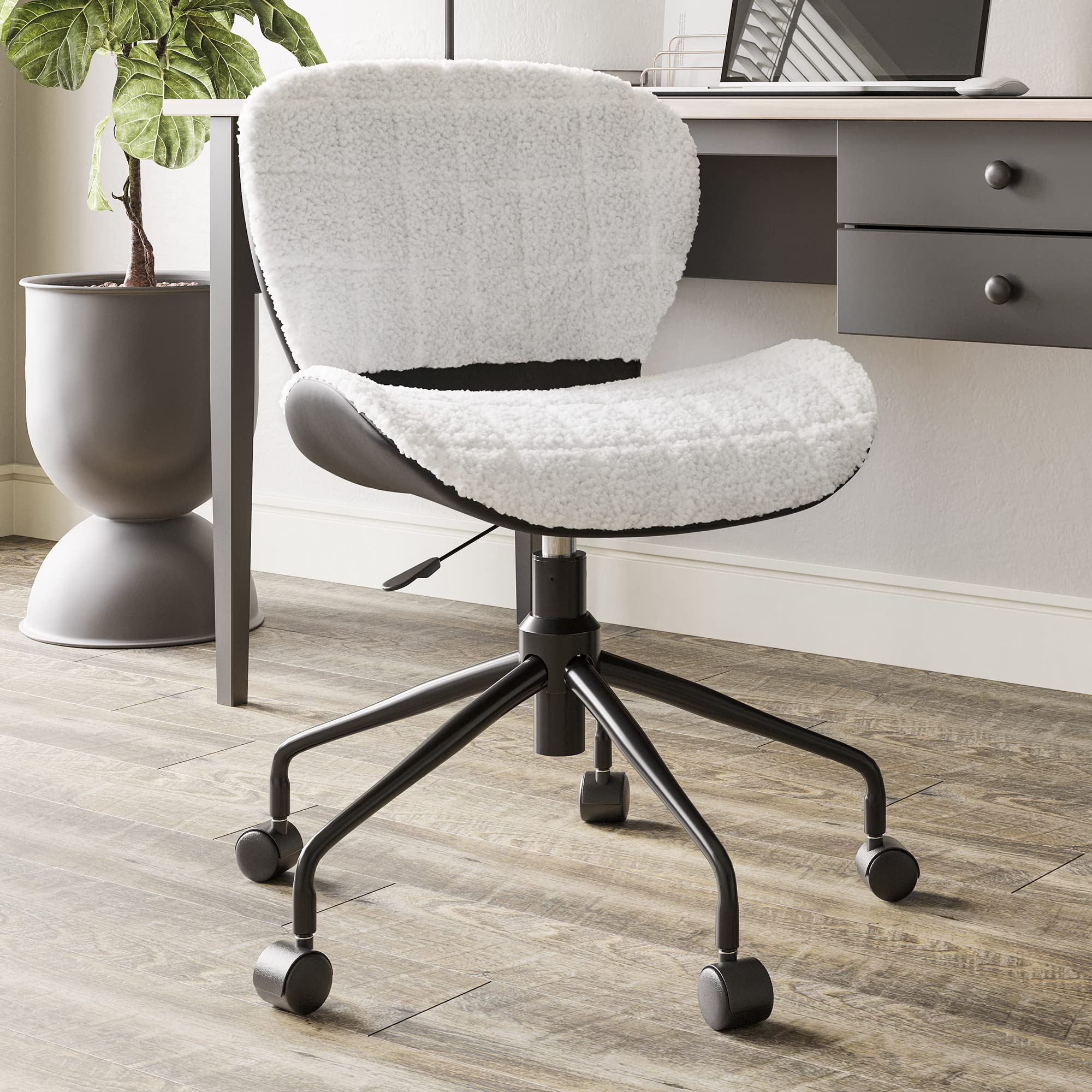 BELLEZE Modern Upholstered Wool Desk Chair with Swivel Wheels & Adjustable Height - Ergonomic Office Chair for Home Office, Gaming Desk & Vanity - Contemporary Rolling Task Chair in White & Black