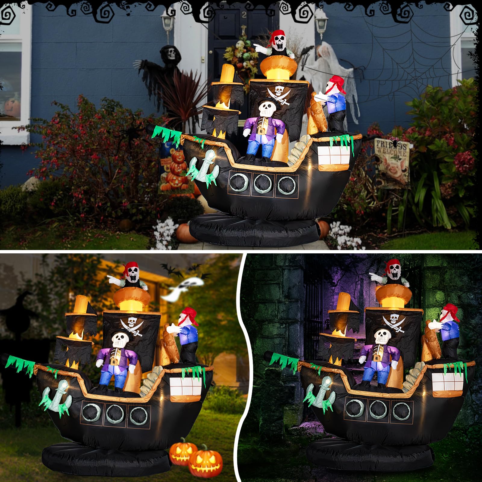 7FT Halloween Inflatable Pirate Ship with LED Ghost Lights - Outdoor Halloween Decorations for Yard, Garden, Party - Spooky Pirate Theme for Halloween Party Decor & Lawn Display
