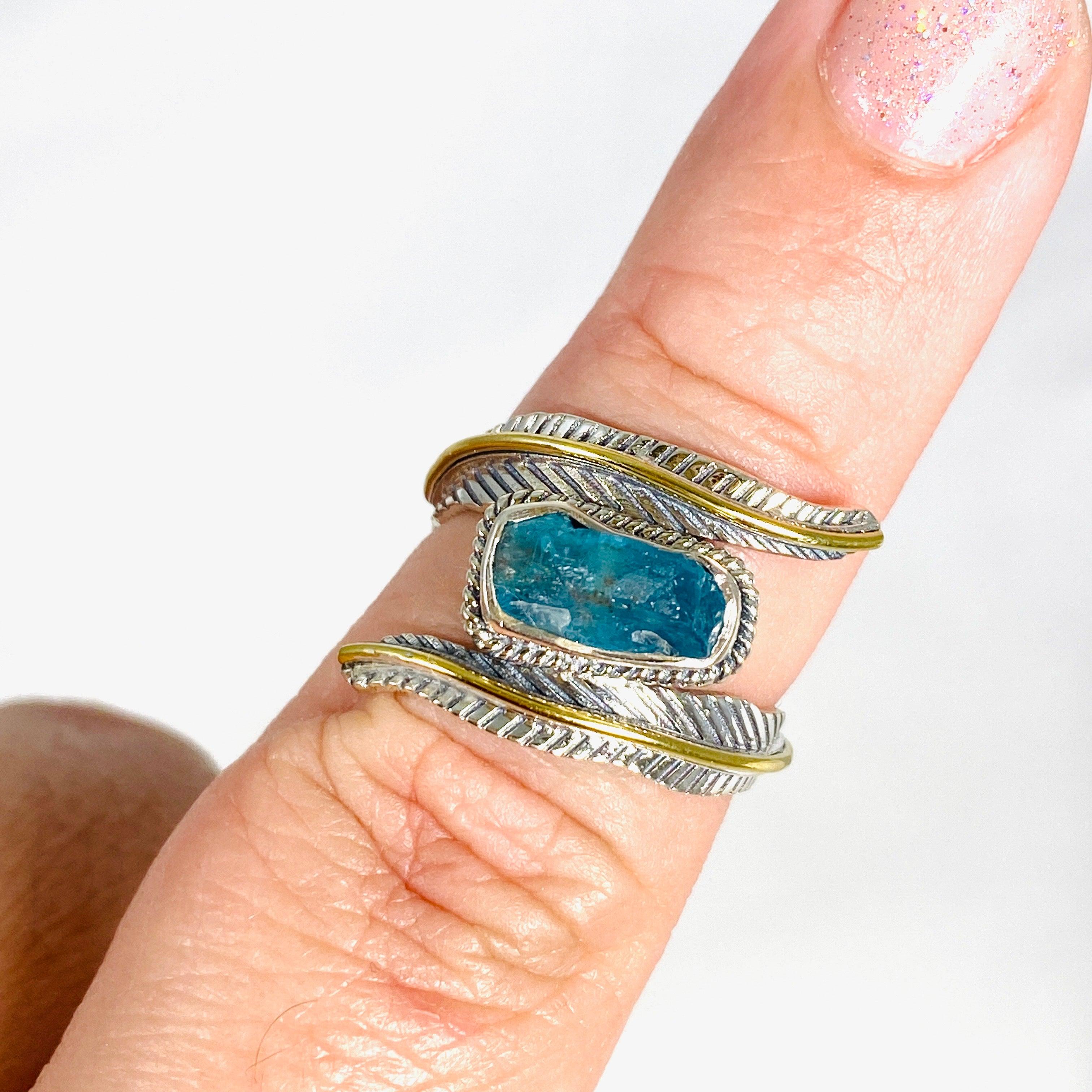 Natural Blue Apatite Leaf Design Raw Stone Ring R4224 - Handmade Boho Jewelry for Women, Nature-Inspired Healing Crystal Ring for Spiritual Energy & Chakra Balancing - Perfect for Meditation, Yoga & Everyday Wear