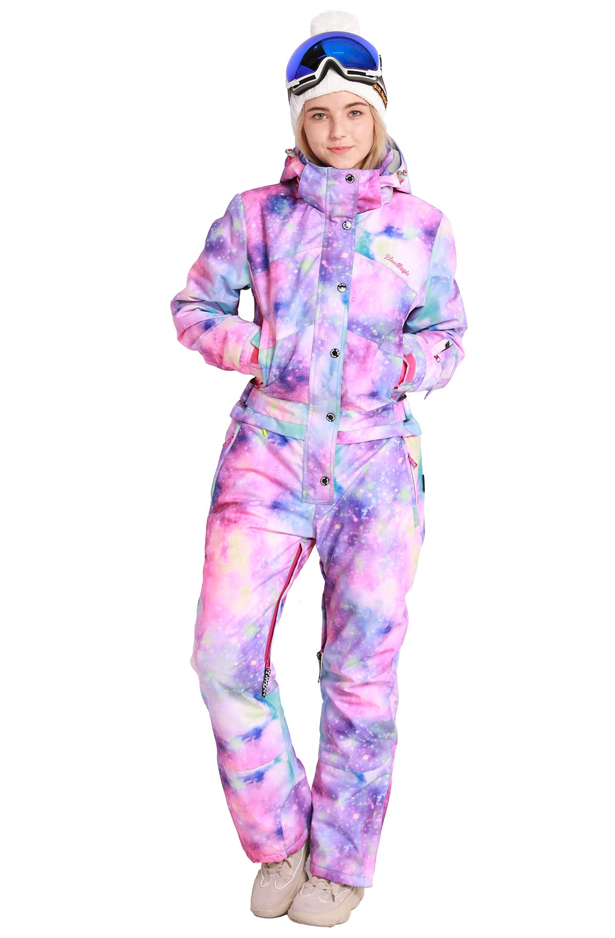 Bluemagic Women's Snowsuit - Waterproof One Piece Ski Suit with Hood, Winter Snowboarding Jumpsuit for Women, Colorful Insulated Coveralls for Skiing & Snowboarding - Perfect for Cold Weather Outdoor Activities