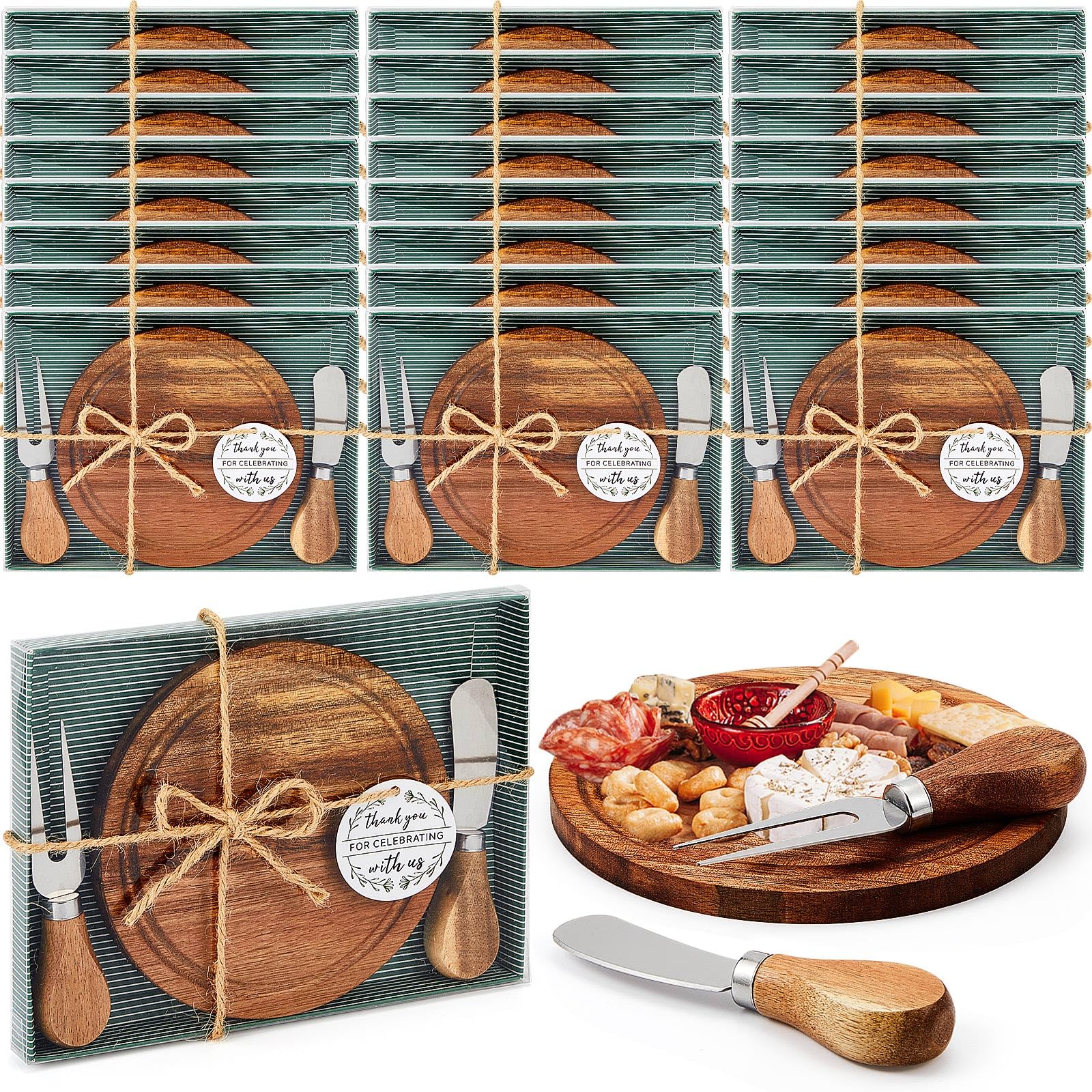 Maxcheck 24-Piece Acacia Wood Mini Charcuterie Board Set with Cheese Knives & Forks - Bridal Shower Party Favors, Wedding Guest Gifts, Baby Shower Prizes - Includes Thank You Tags & Gift Box for Elegant Entertaining
