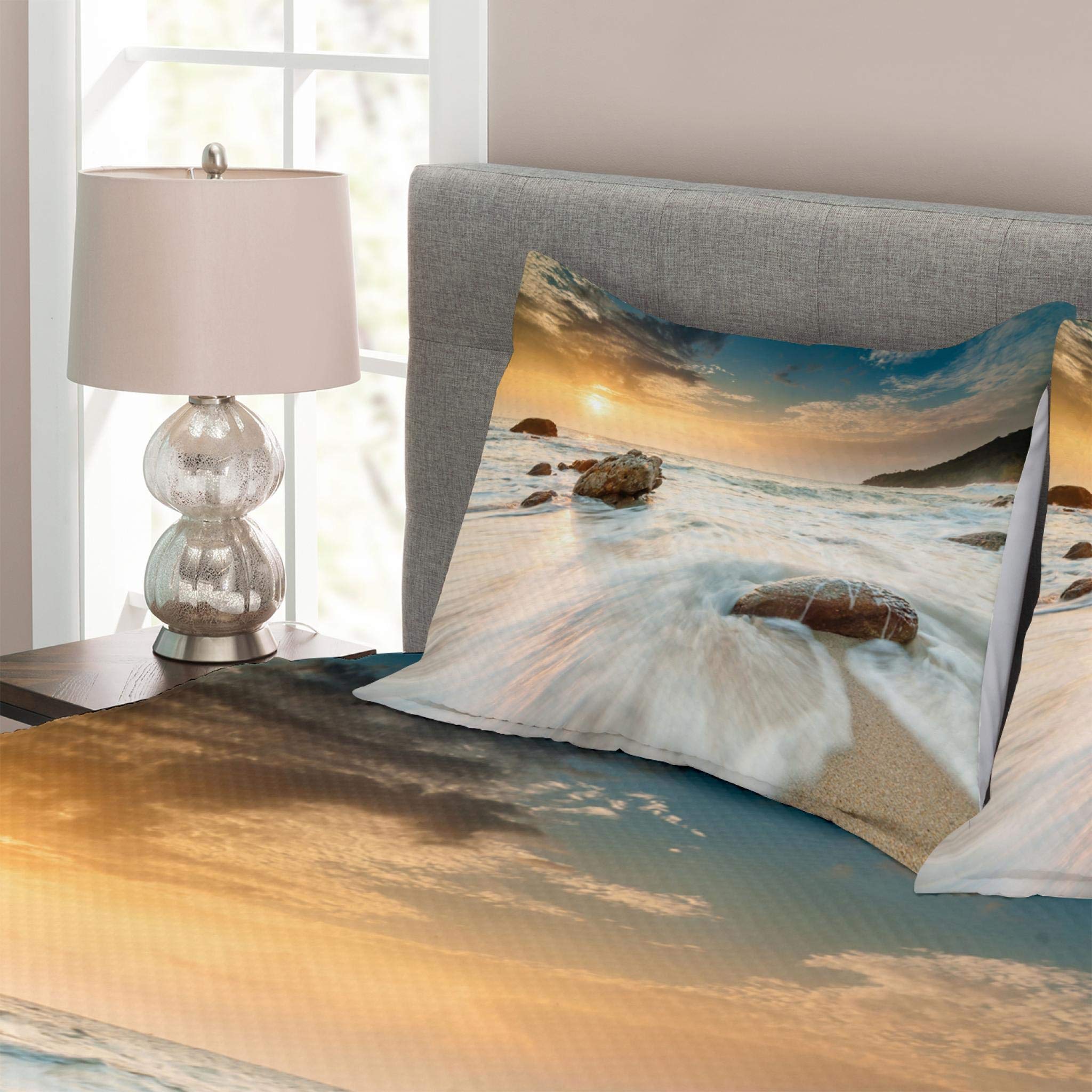 Ambesonne 3-Piece King Size Beach Bedspread Set - Grand Sea Waves & Horizon Sky Design, Cream Blue White Decorative Bedding Coverlet with 2 Pillow Shams | Perfect for Coastal Themed Bedrooms, Vacation Homes & Summer Decor
