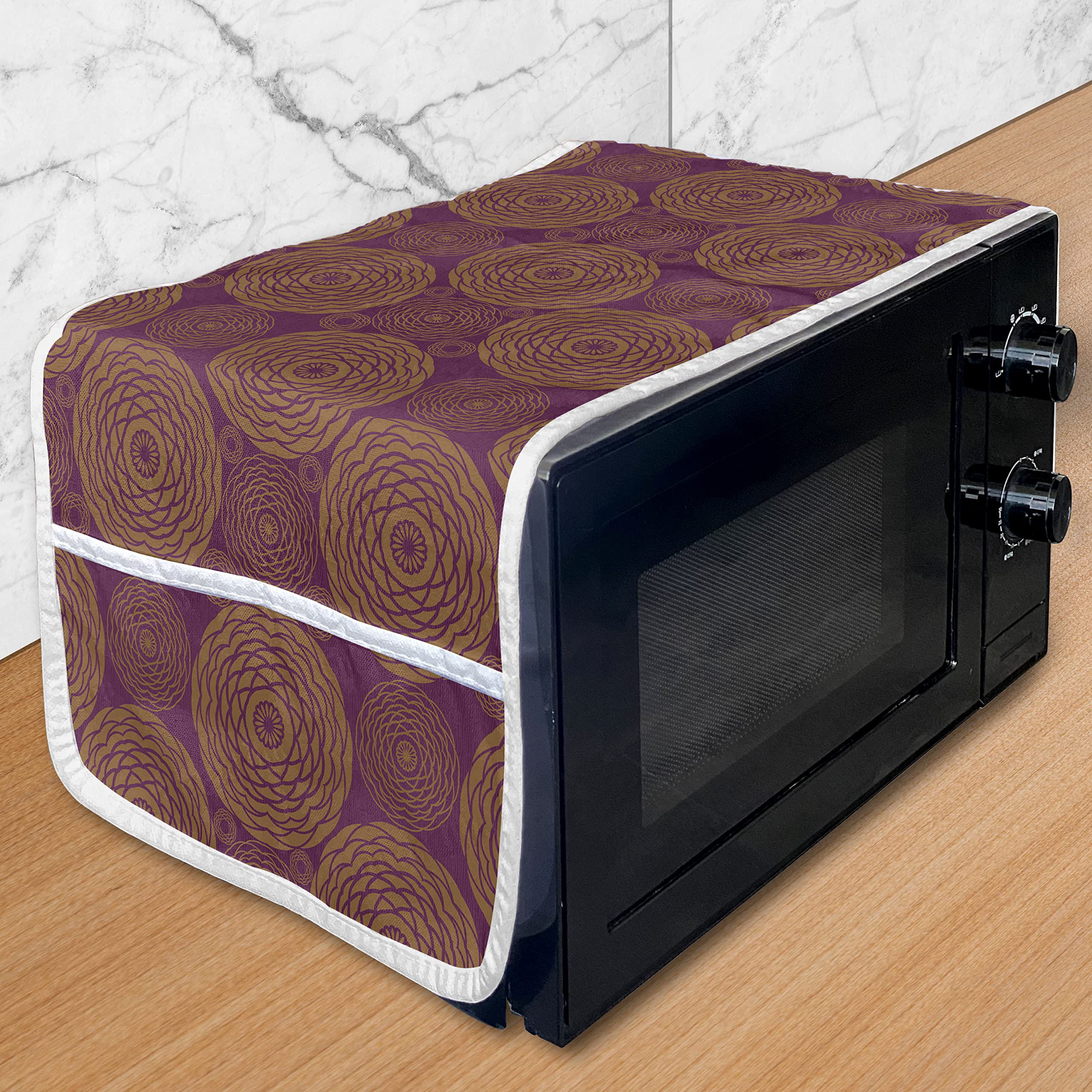 Ambesonne Boho Art Microwave Cover - Ethnic Damask Geometric Floral Circles Design in Oriental Tones, Waterproof Kitchen Organizer with Storage Pockets, 36