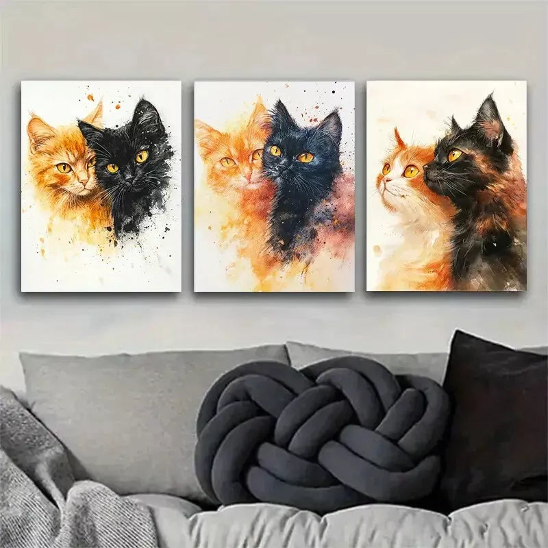 3-Piece Natural Color Blending Cat Portrait Wall Art Set - Framed Canvas 40x60cm (16x24in) | High Quality Print | 100% Australian Made | Ready to Hang | Perfect for Living Room, Bedroom & Office Decor