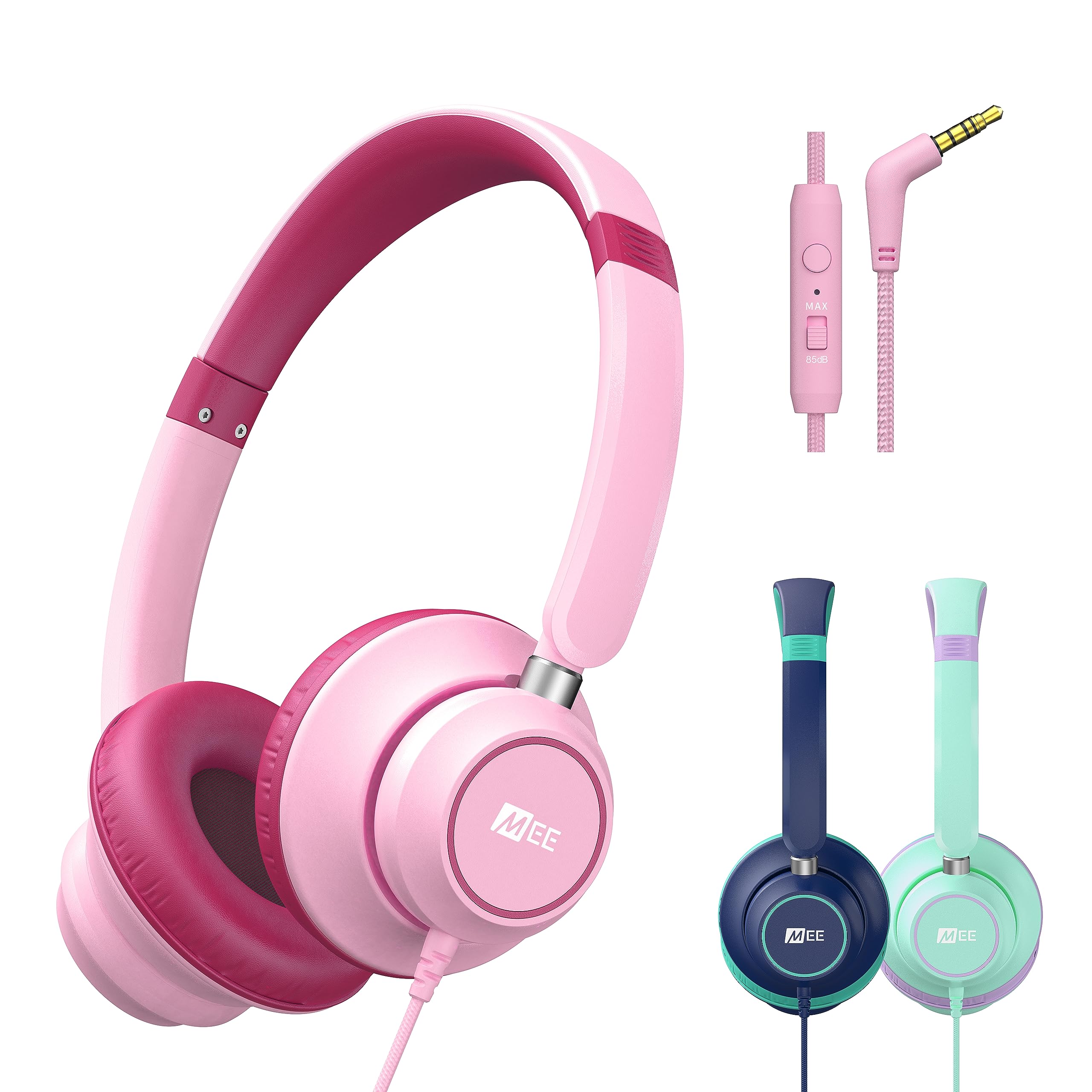 MEE audio KidJamz KJ45 Kids Headphones with Volume Limiter & Built-in Mic - Safe On-Ear Adjustable Headset for Children, 3.5mm Jack Wired - Ideal for Online Learning, School Classes, Travel & Tablet Use (Pink/Magenta)