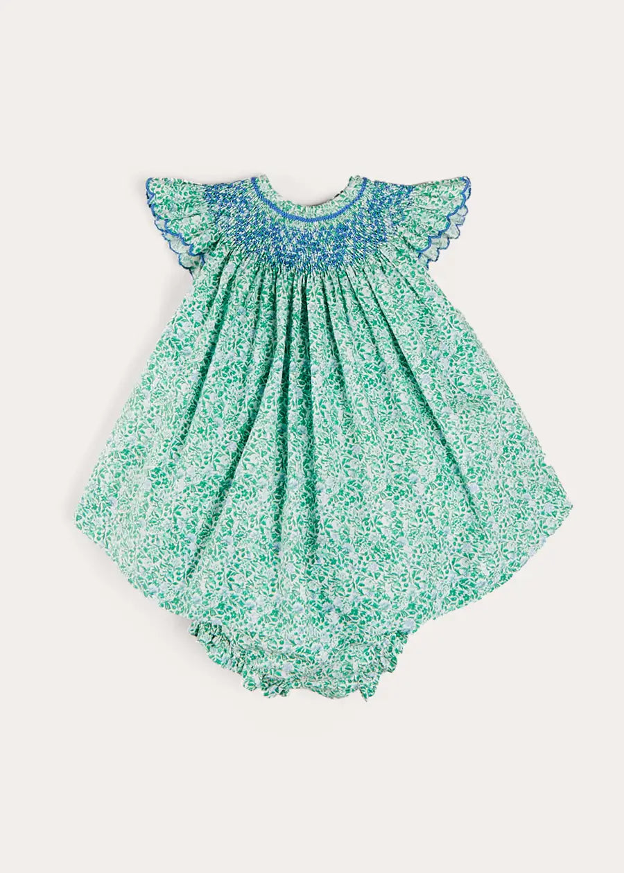 Adelaide Floral Hand Smocked Sleeveless Dress with Bloomers - Green Baby Girl Outfit for 3 Months to 3 Years | Perfect for Spring Photoshoots, Easter Sunday & Special Occasions