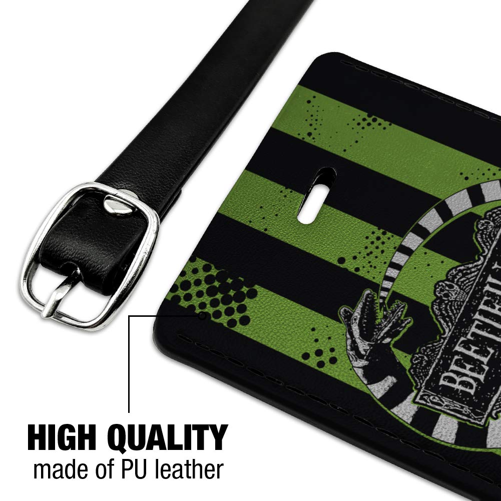Beetlejuice-Inspired Rectangle Leather Luggage Tag - Durable Suitcase ID Card Holder for Travel Bags & Carry-Ons | Perfect for Vacation, Business Trips & Lost Luggage Identification