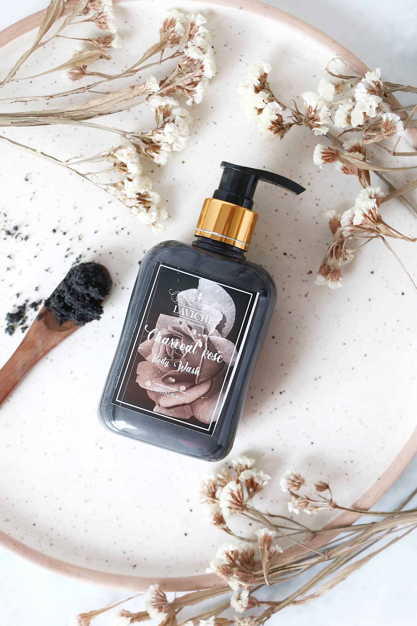 Laviche Charcoal & Rose Body Wash for Deep Cleansing - 250ml Shower Gel with Natural Extracts for Men & Women | Perfect for Daily Detox & Relaxing Bath Time