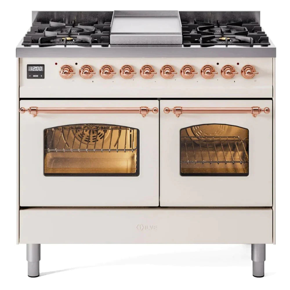 ILVE 40 Nostalgie II Series Freestanding Double Oven Dual Fuel Range - 6 Sealed Burners & Griddle - Professional Gas & Electric Range for Home Kitchen - Perfect for Baking, Roasting & Family Cooking (Model UPD40FNMP)
