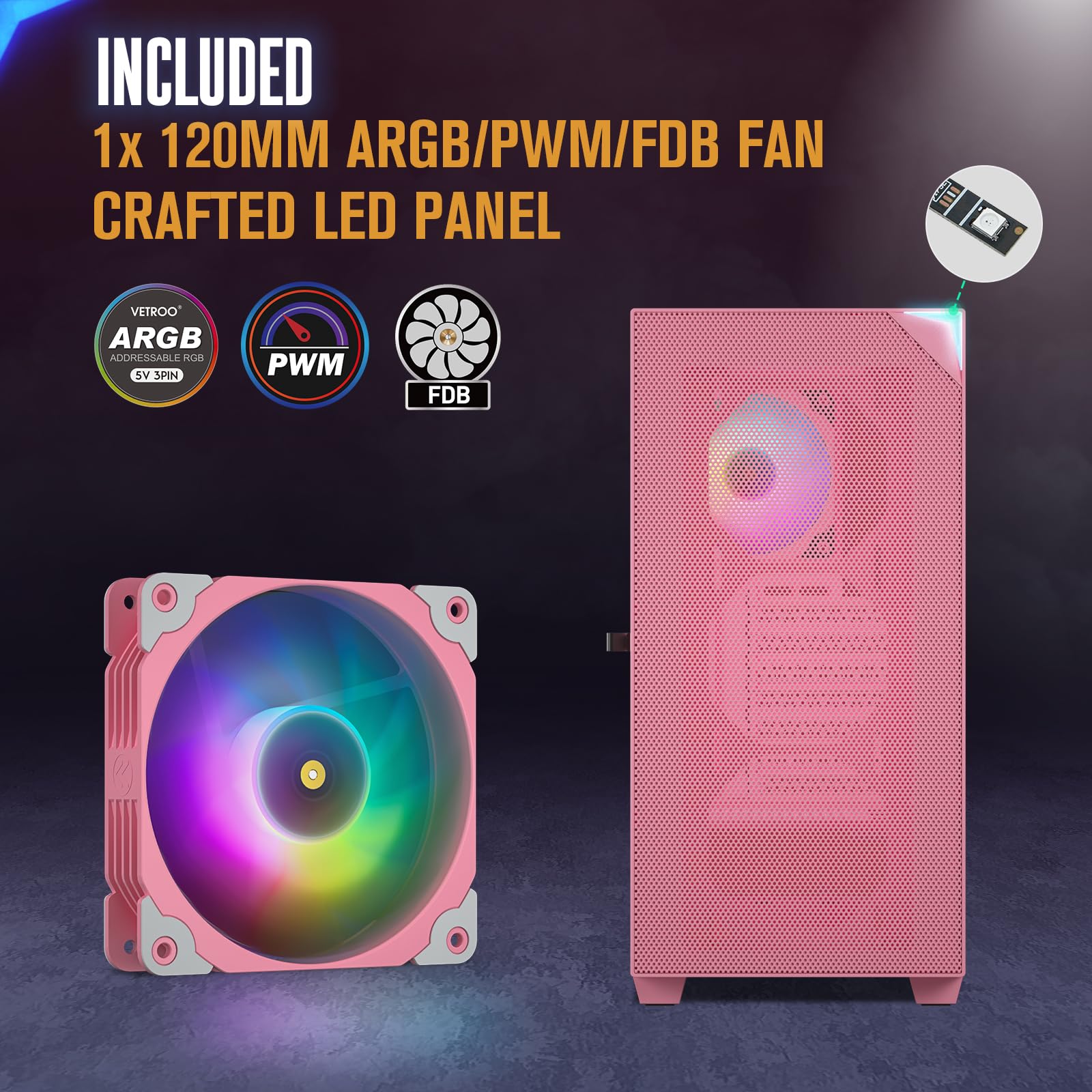 VETROO AL800 Full Tower PC Case - Tempered Glass Door, E-ATX/ATX Motherboard Support, Adjustable LED Strip, Pre-Installed ARGB & PWM FDB Fan, 40 Series GPU Compatible - Pink | Perfect for Gaming Rigs, Workstations & Custom PC Builds