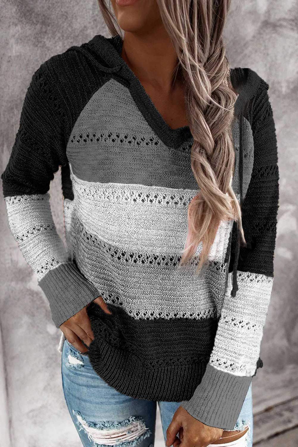 ENLACHIC Women's Boho Beach Knitted Hoodie - Striped Color Block Hollow Out Pullover Sweater for Bonfire, Fall Fashion & Casual Outfits