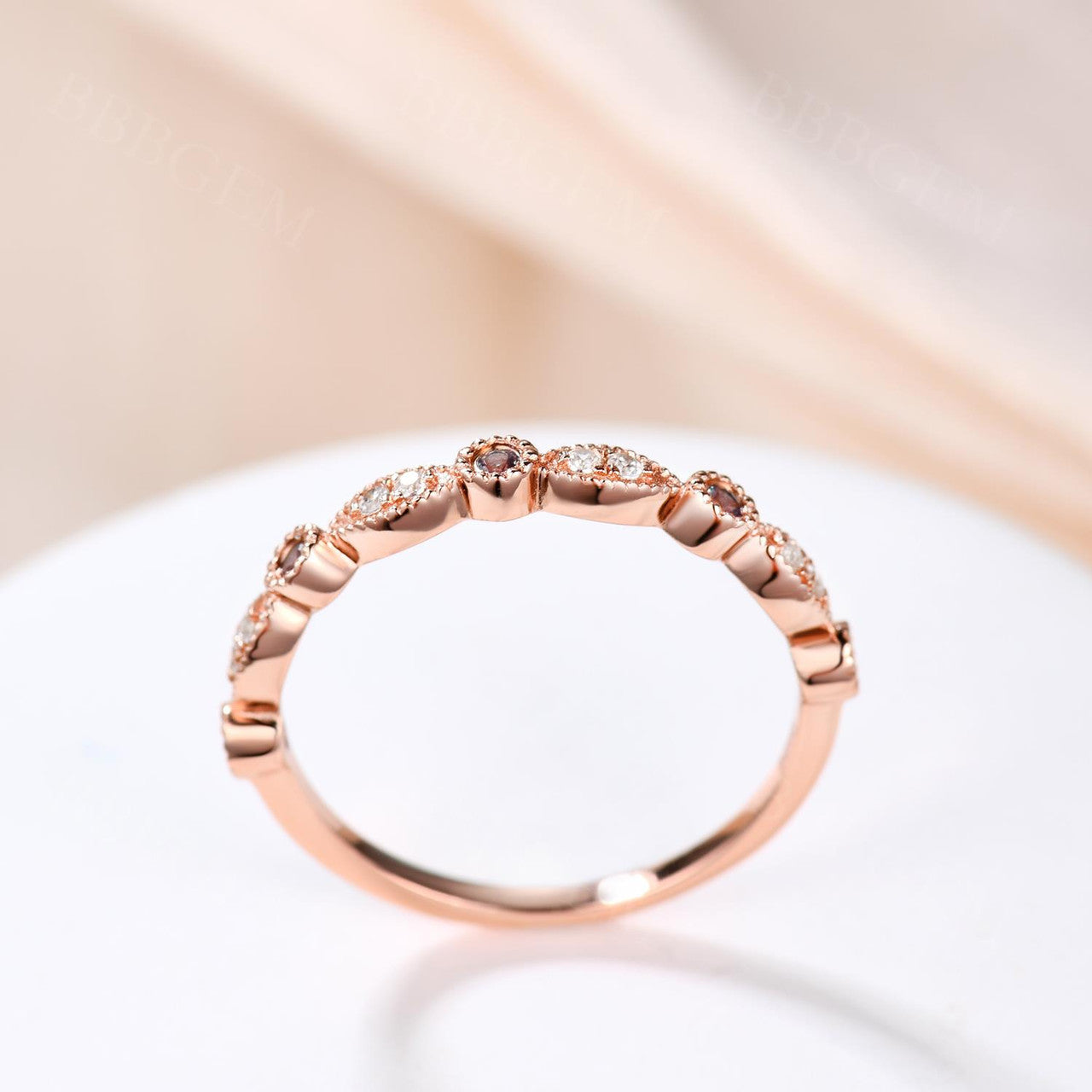 Exquisite Marquise & Round Alexandrite Diamond Wedding Ring - 14K Rose Gold Milgrain Half Eternity Band for Women | Perfect Anniversary Gift, Engagement Ring & Bridal Jewelry for Special Occasions