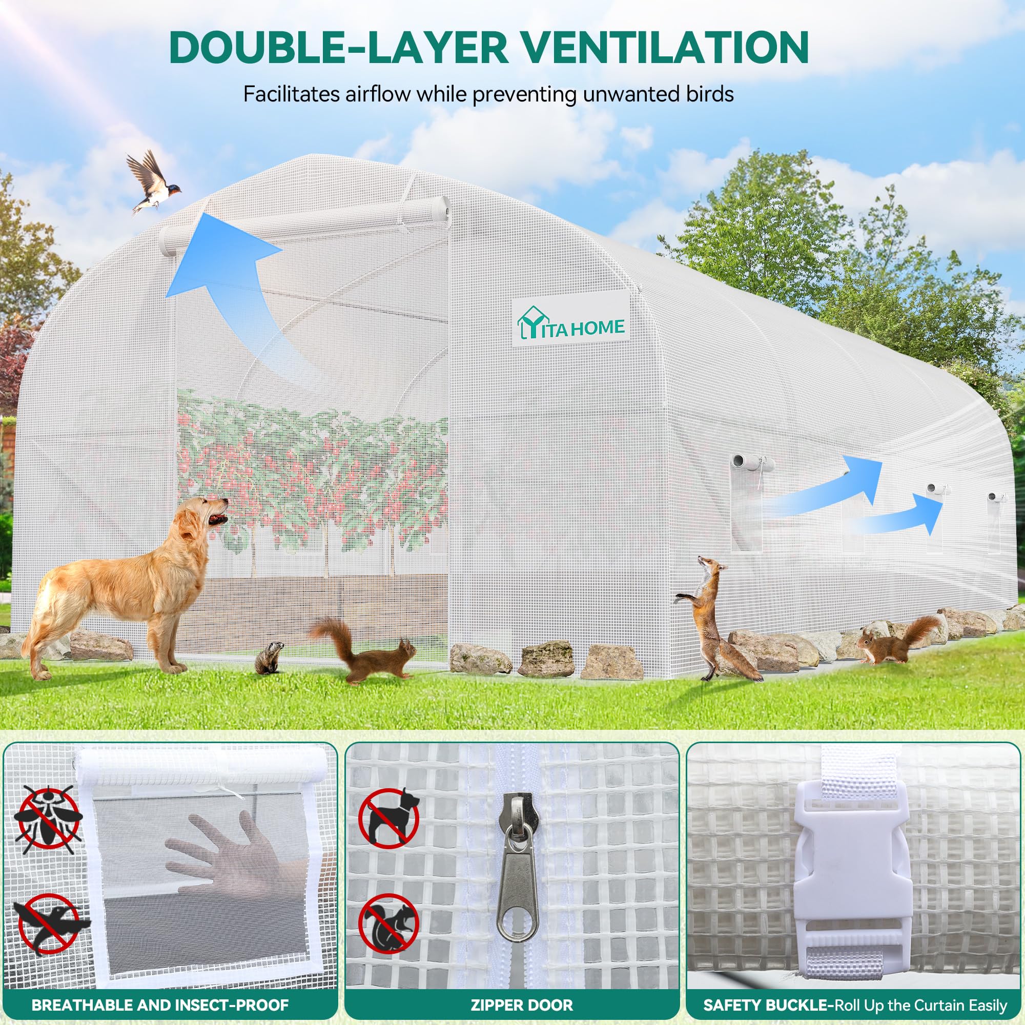 YITAHOME 20x10x6.5ft Large Heavy Duty Greenhouse with Galvanized Steel Frame - Outdoor Plant Gardening Tunnel with Zipper Doors & 7 Crossbars - Perfect for Backyard Gardening, Plant Protection, and Year-Round Growing (White)