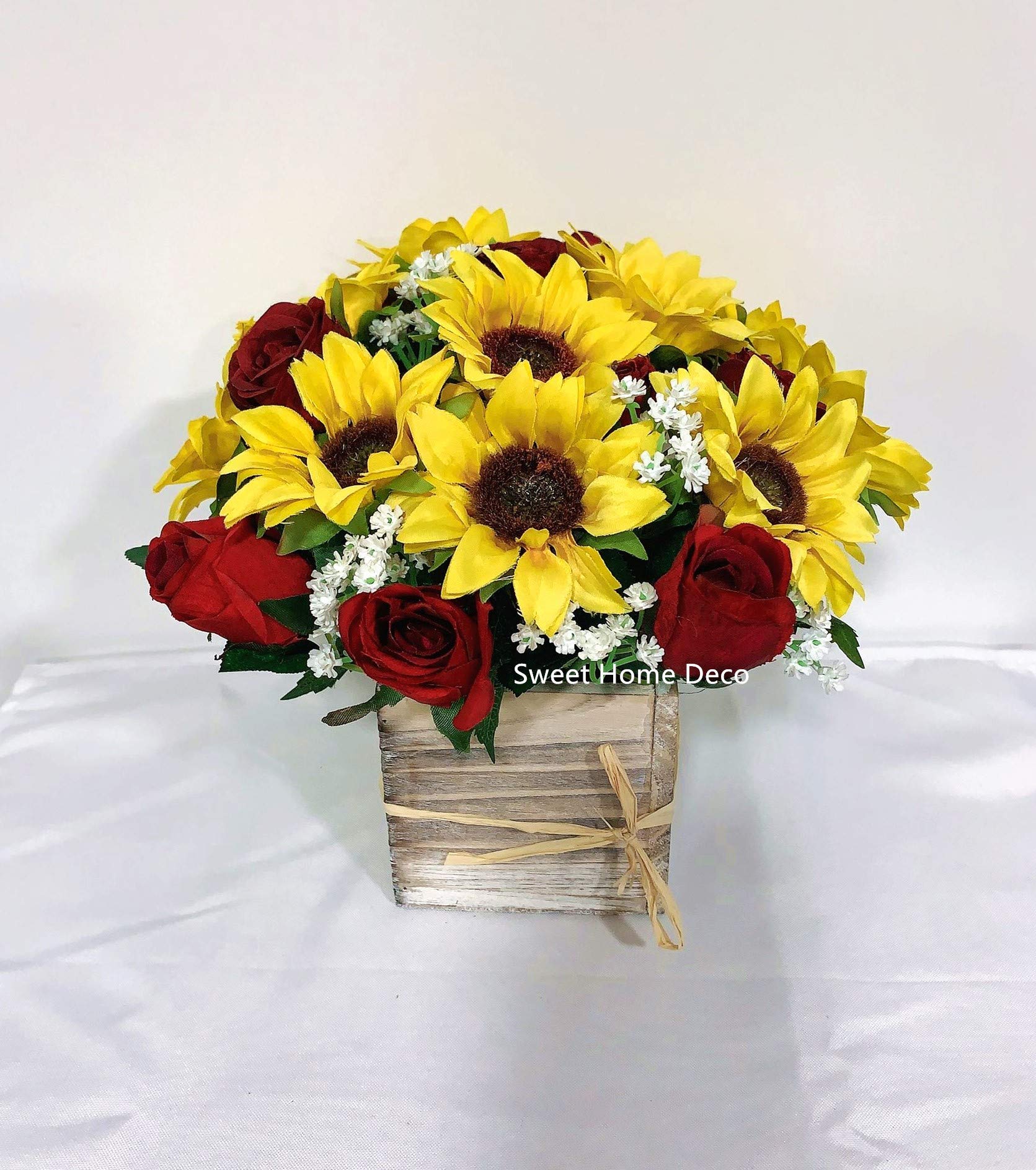 Silk Sunflower Rose Baby's Breath Wedding Bouquet - Bridal & Bridesmaid Bouquets, Boutonnieres in Yellow & Red - Perfect for Weddings, Bridal Showers & Home Decor