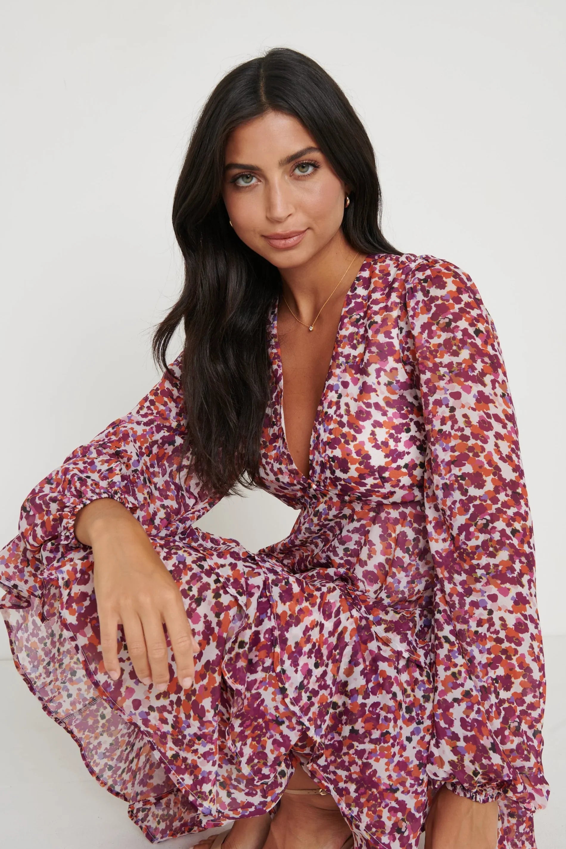 Ashton Ruffle Midi Dress - Coral Abstract Print Flowy Summer Dress for Women, Plus Size & Curve Friendly, Perfect for Beach Vacations, Parties & Casual Outings