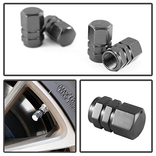 4 Pack Racing Style Gun Metal Anodized Aluminum Tire Valve Caps - Hexagon Shaped Air Stem Caps for Cars, Motorcycles & Bikes - Durable & Stylish Wheel Accessories for Auto Enthusiasts