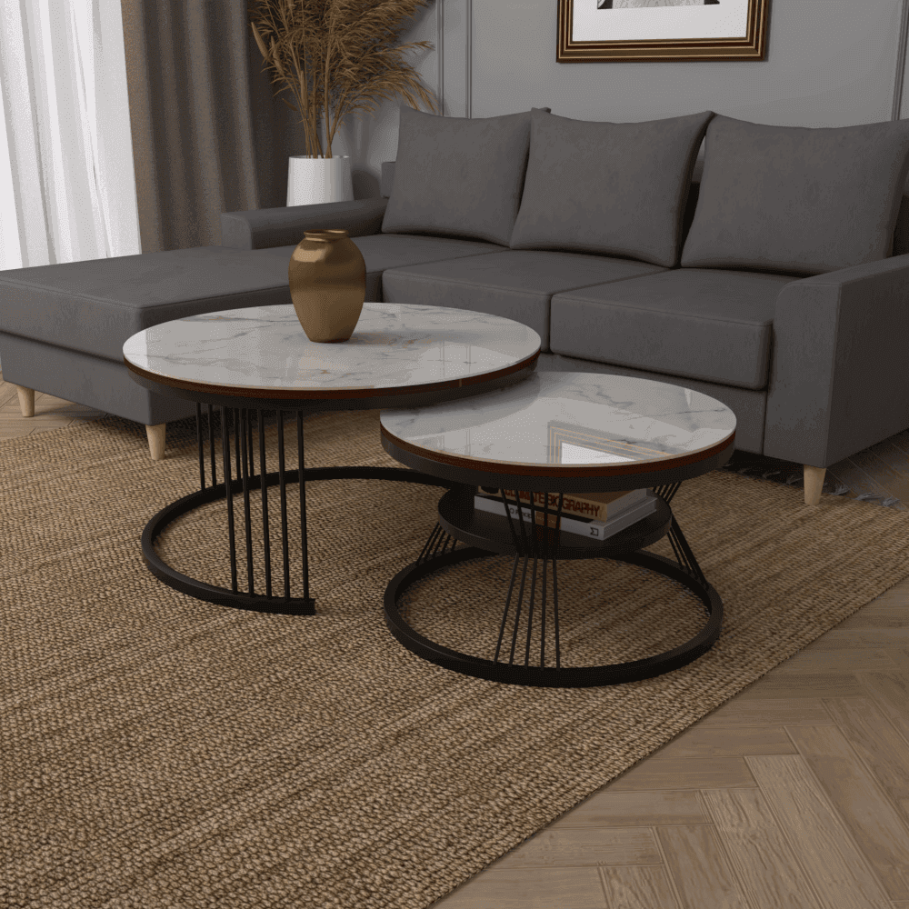Elias Glossy Sintered Stone Round Nesting Coffee Table Set - Modern Minimalist Living Room Furniture for Small Spaces, Perfect for Apartments, Condos and Home Decor