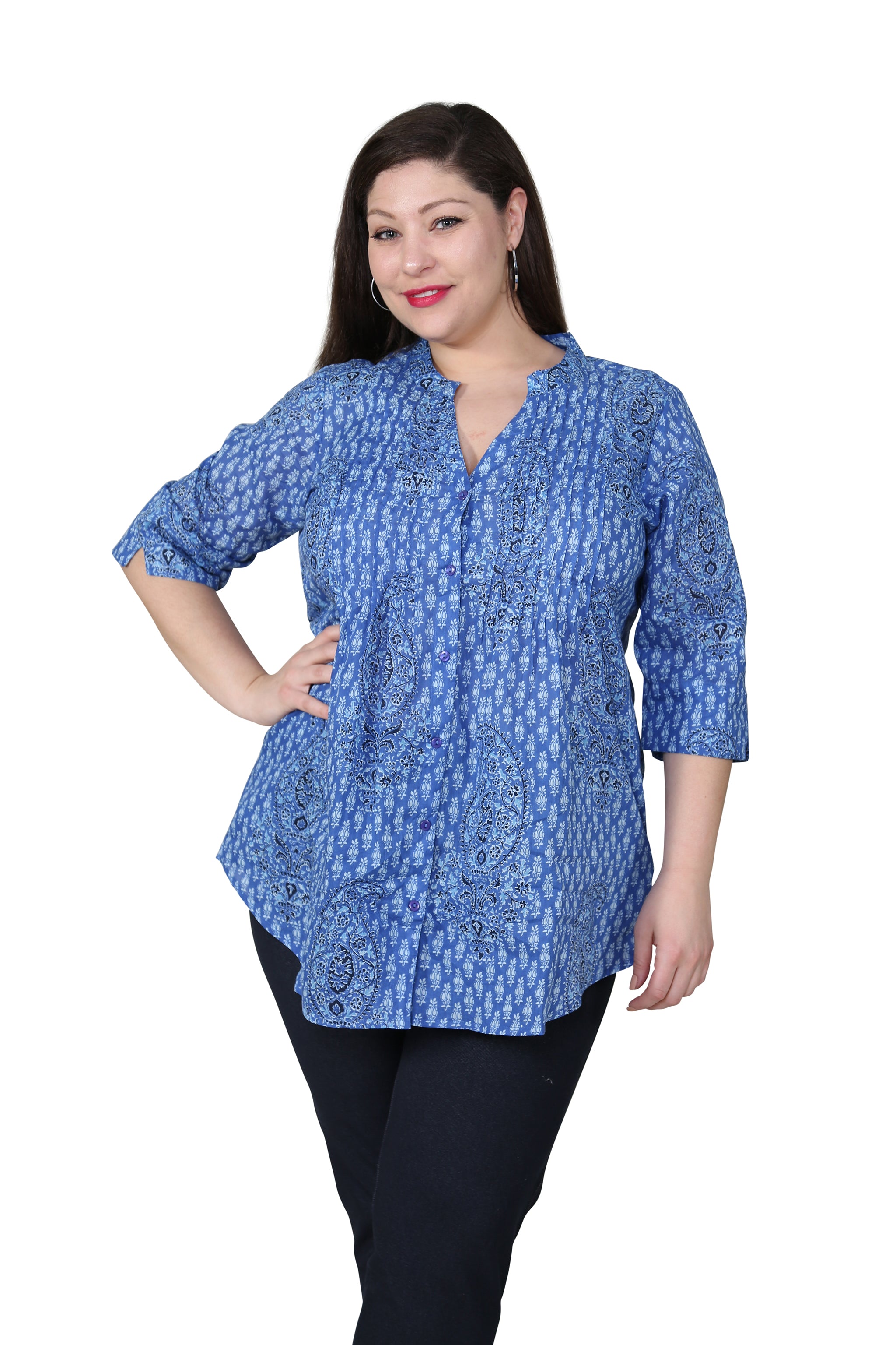 Plus Size Blue Paisley Pleated Tunic Top for Women - Flowy Boho Blouse for Casual Wear & Office Outfits