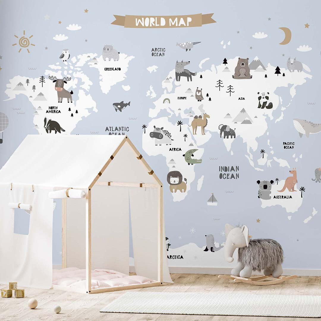 Blue World Map with Animals Wall Mural AM113 - Educational Kids Room Decor, Nursery Wallpaper, Playroom & Classroom Decoration