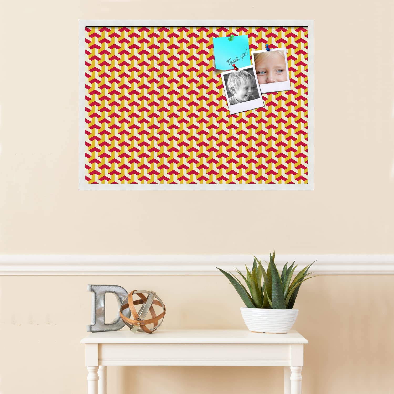 PinPix 34x24 Inch Cork Bulletin Board with Red Gold Design & White Frame - Decorative Pin Board for Home Office School - Perfect for Notes, Photos, and Memos (PinPix-1533)