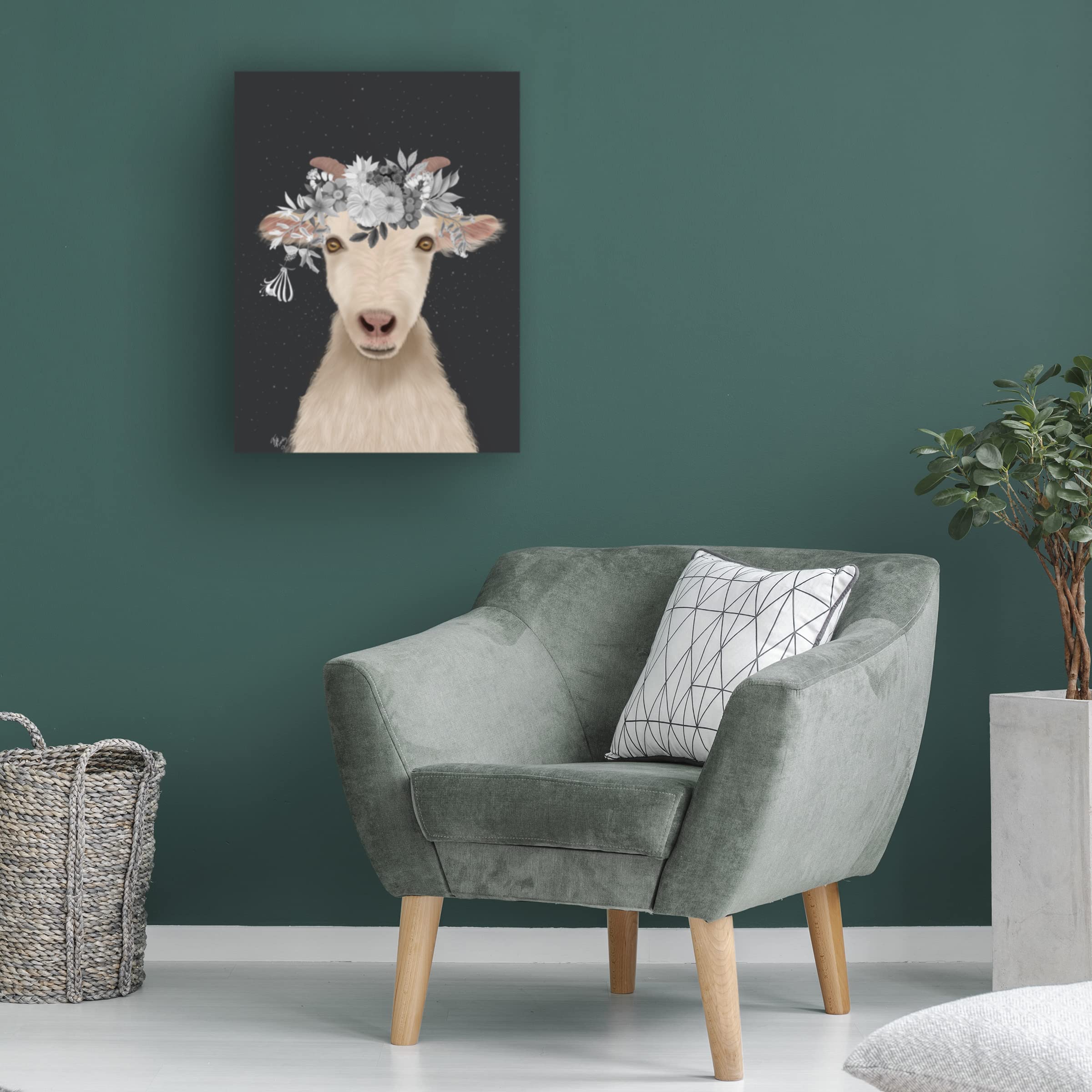 Fab Funky 'Goat 1 White Flowers' Canvas Wall Art Print - Modern Home Decor for Living Room, Bedroom & Office - Handmade Floral Animal Painting